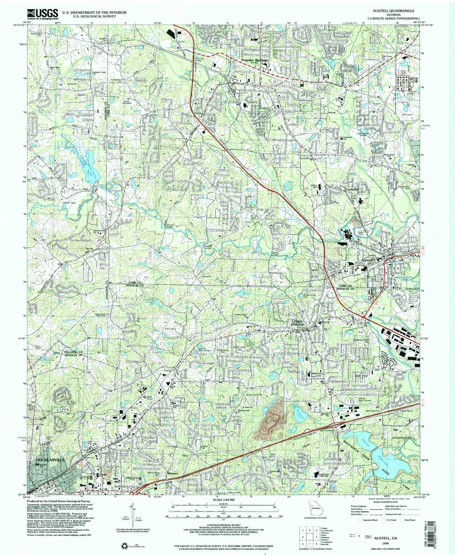 Classic USGS Austell Georgia 7.5'x7.5' Topo Map Image