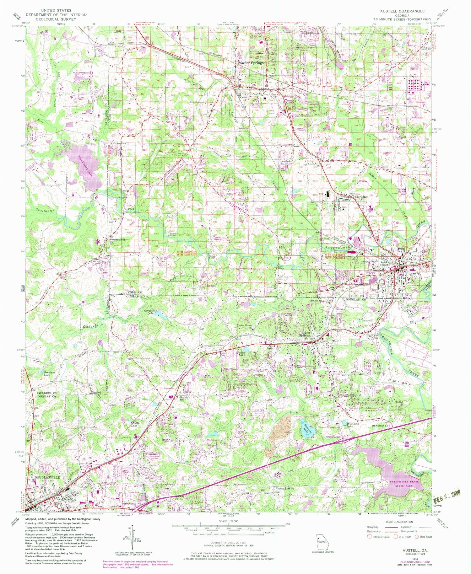 Classic USGS Austell Georgia 7.5'x7.5' Topo Map Image