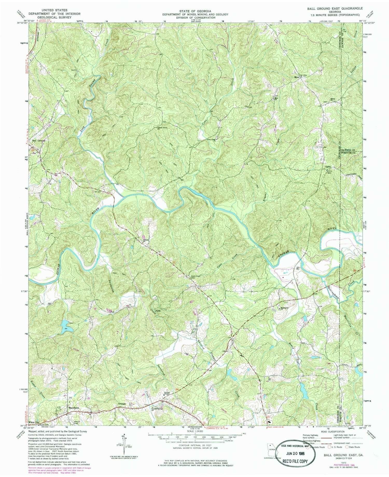 Classic USGS Ball Ground East Georgia 7.5'x7.5' Topo Map Image