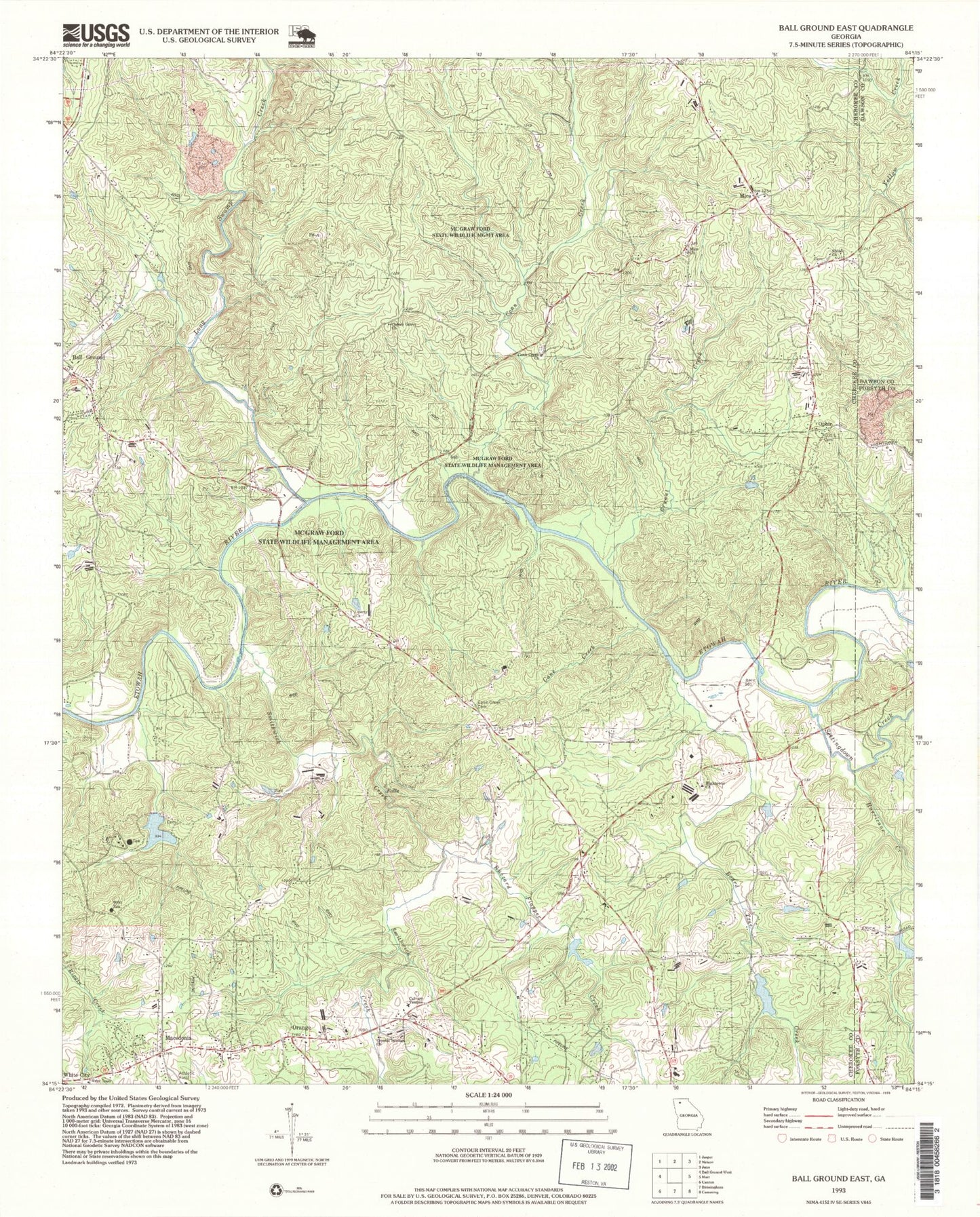Classic USGS Ball Ground East Georgia 7.5'x7.5' Topo Map Image