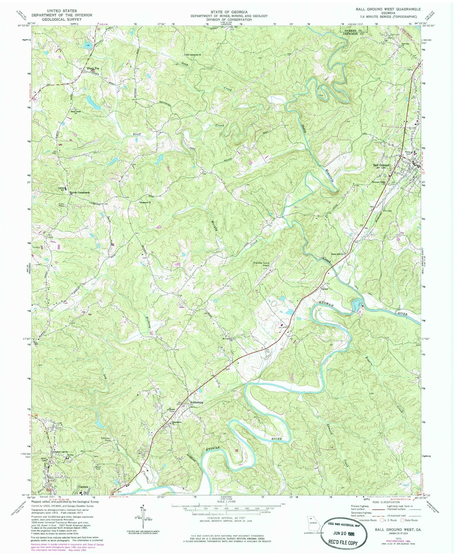 Classic USGS Ball Ground West Georgia 7.5'x7.5' Topo Map Image