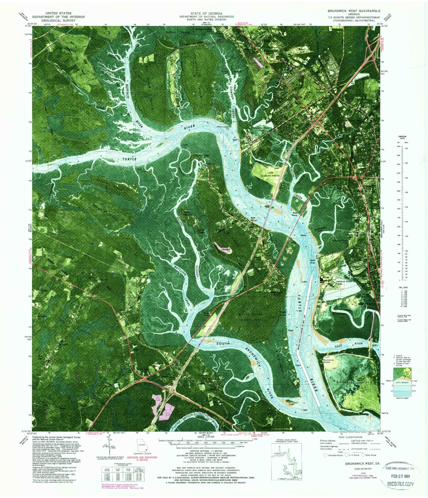Classic USGS Brunswick West Georgia 7.5'x7.5' Topo Map Image
