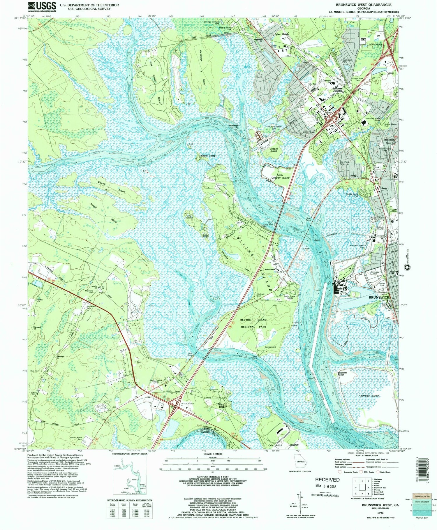 Classic USGS Brunswick West Georgia 7.5'x7.5' Topo Map Image