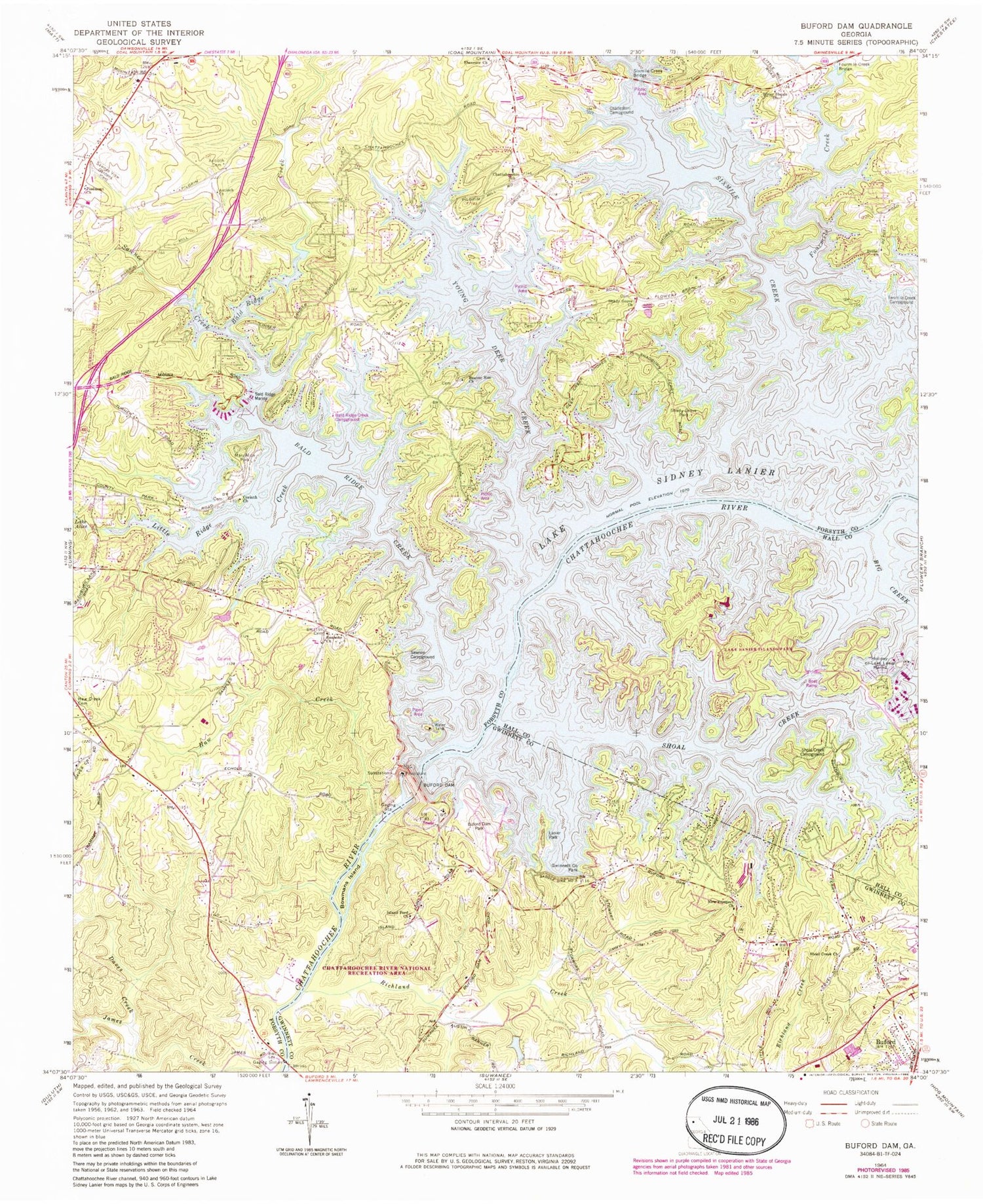 Classic USGS Buford Dam Georgia 7.5'x7.5' Topo Map Image