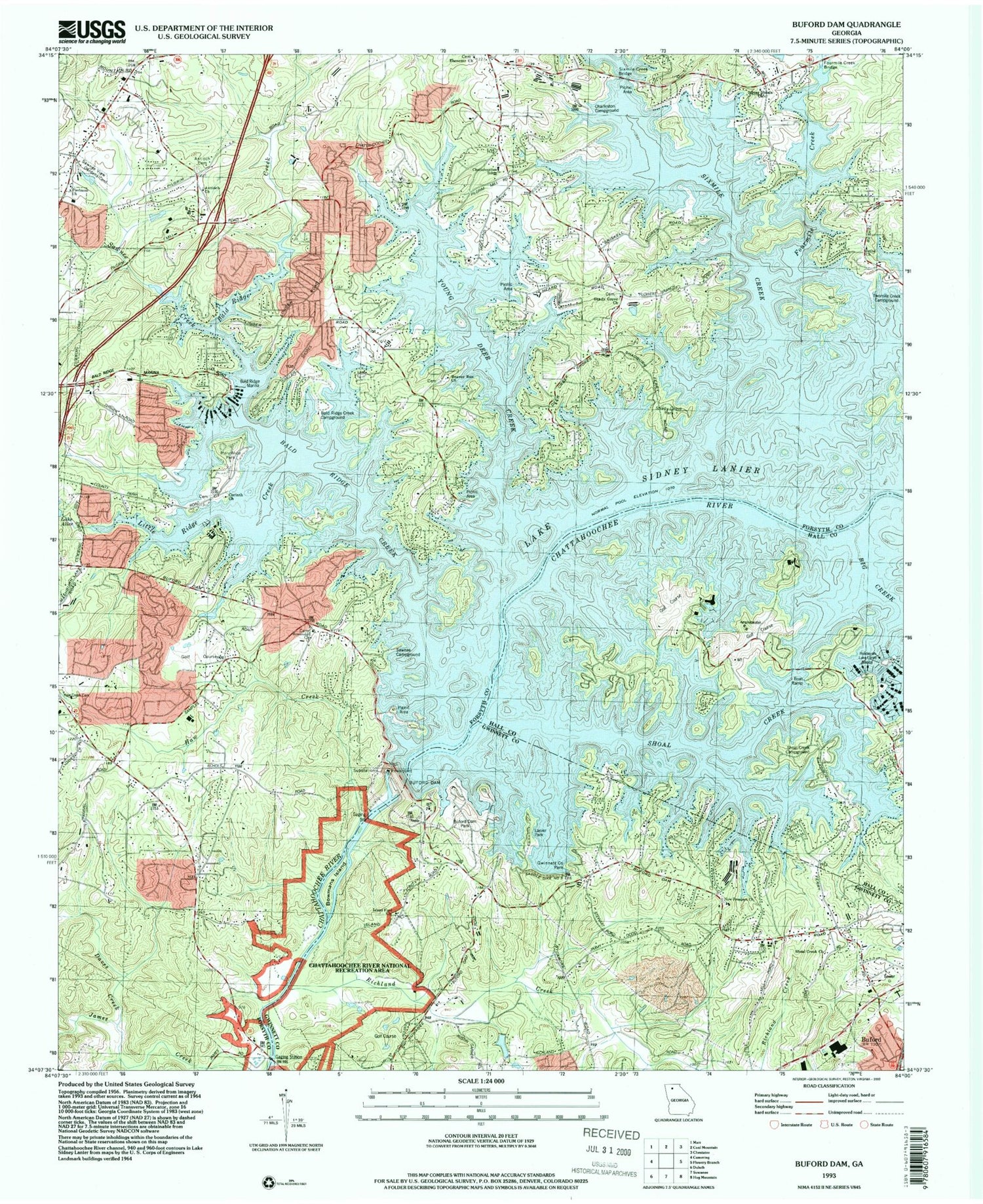 Classic USGS Buford Dam Georgia 7.5'x7.5' Topo Map Image