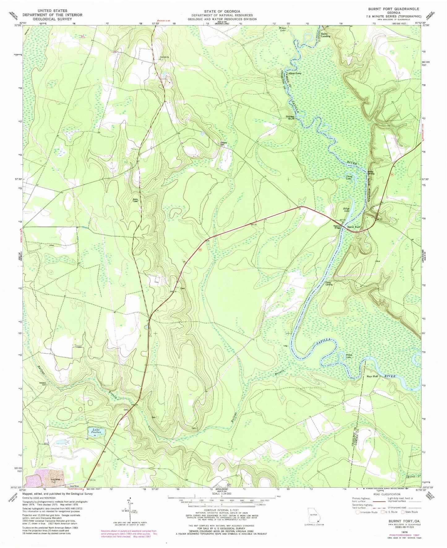 Classic USGS Burnt Fort Georgia 7.5'x7.5' Topo Map Image
