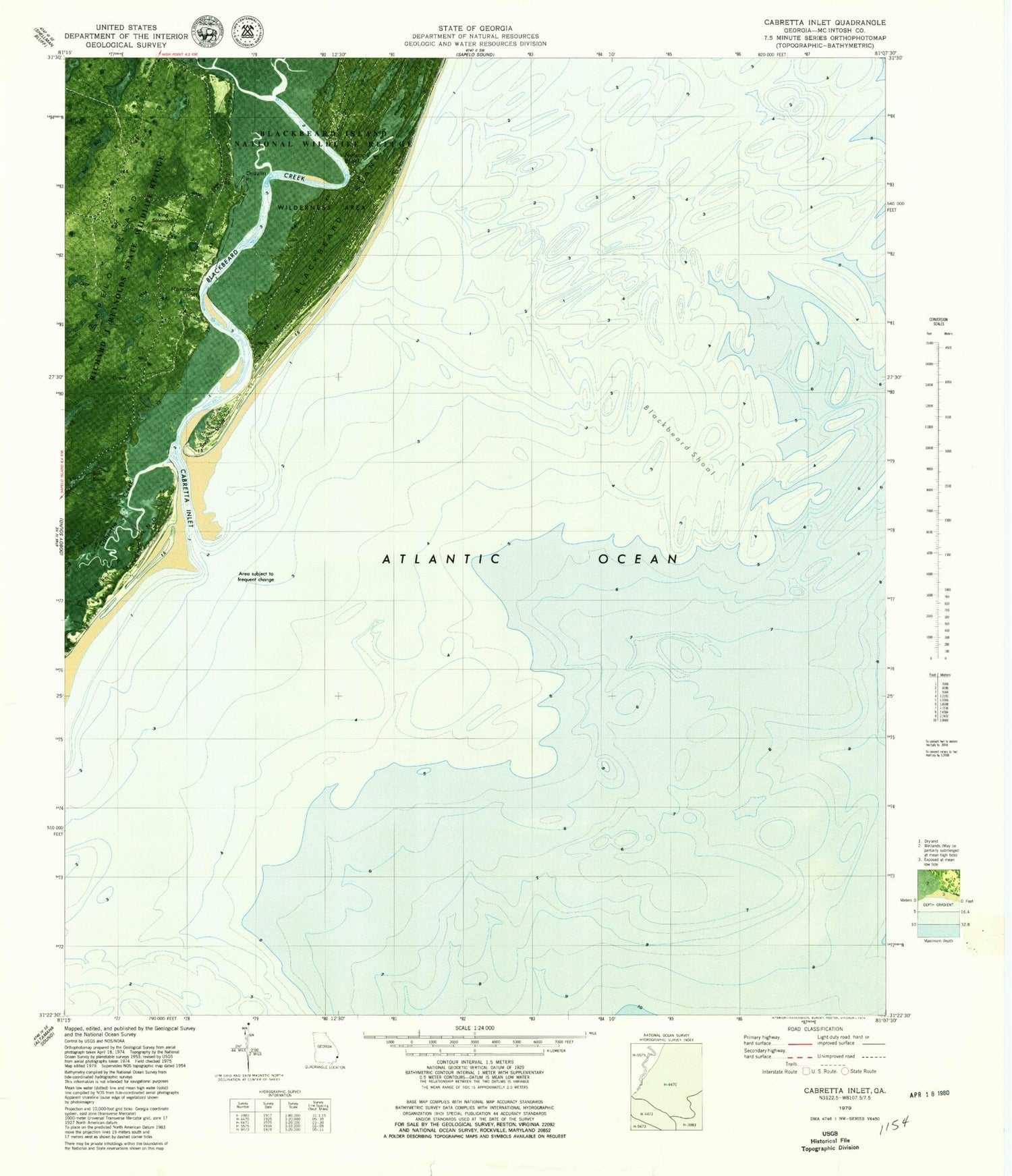 Classic USGS Cabretta Inlet Georgia 7.5'x7.5' Topo Map Image