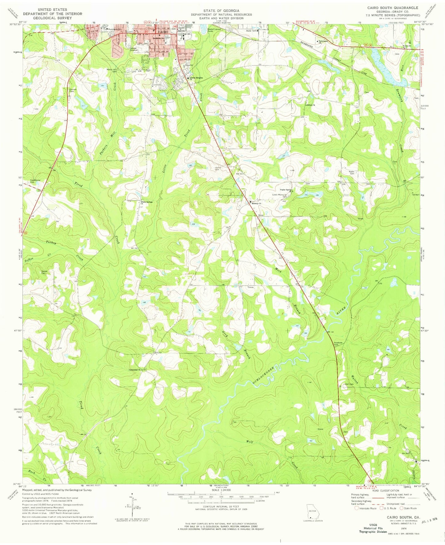 Classic USGS Cairo South Georgia 7.5'x7.5' Topo Map Image