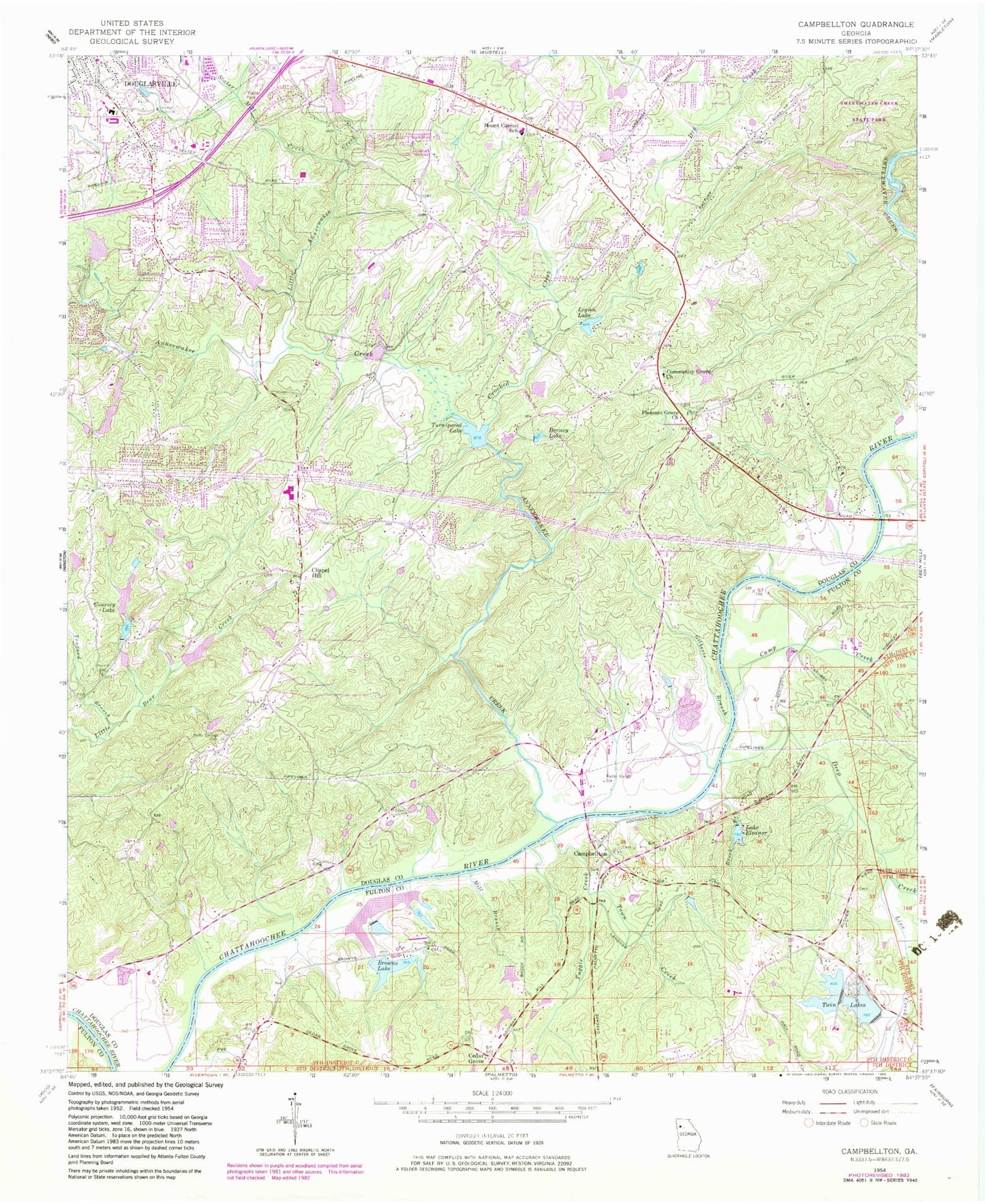 Classic USGS Campbellton Georgia 7.5'x7.5' Topo Map Image