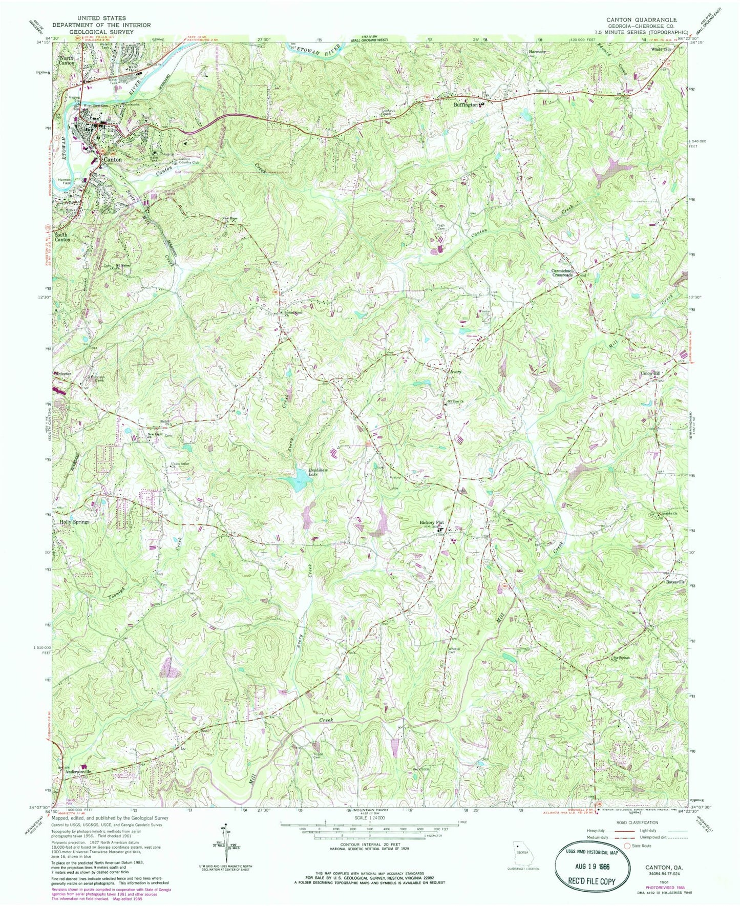 Classic USGS Canton Georgia 7.5'x7.5' Topo Map Image