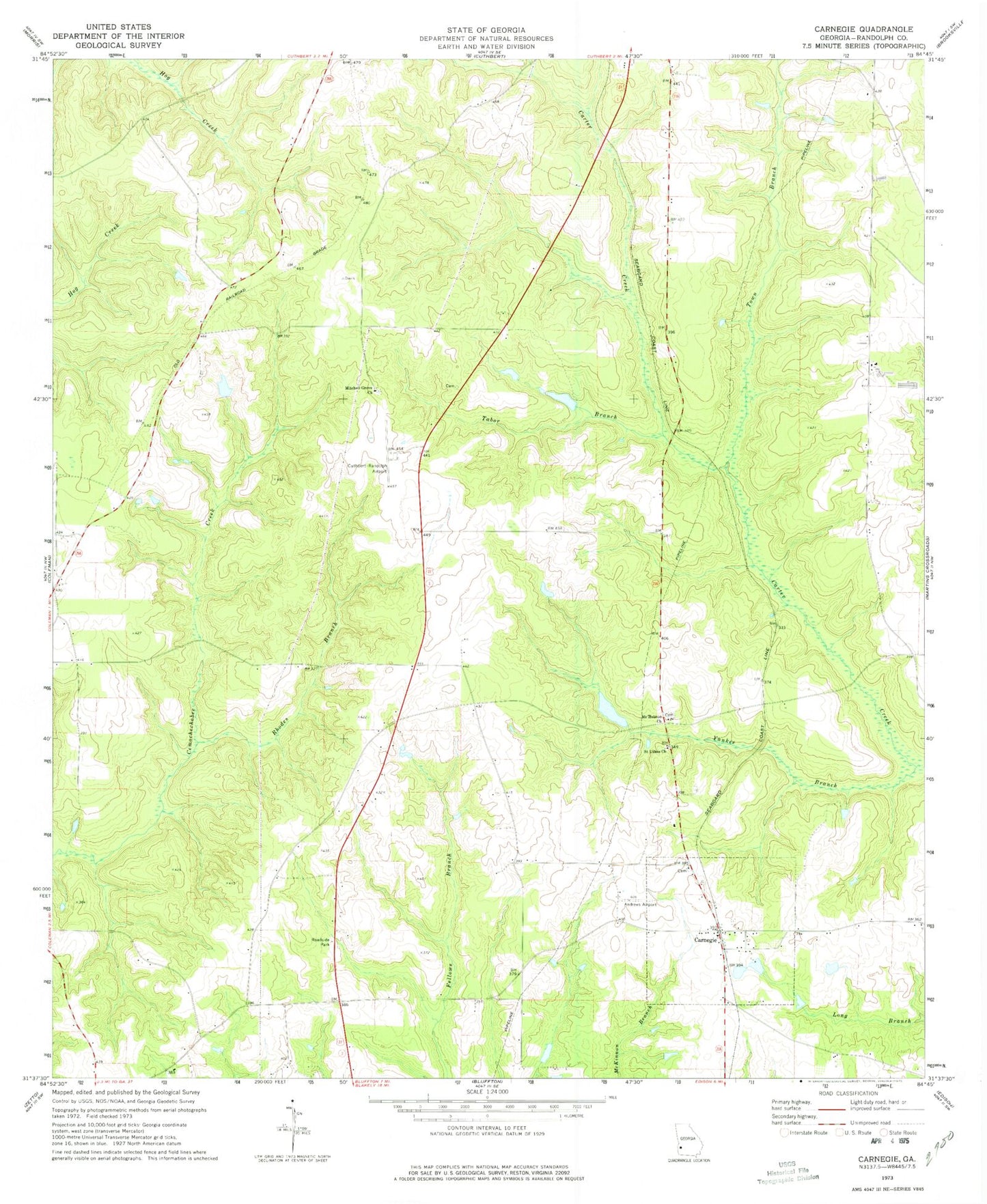 Classic USGS Carnegie Georgia 7.5'x7.5' Topo Map Image