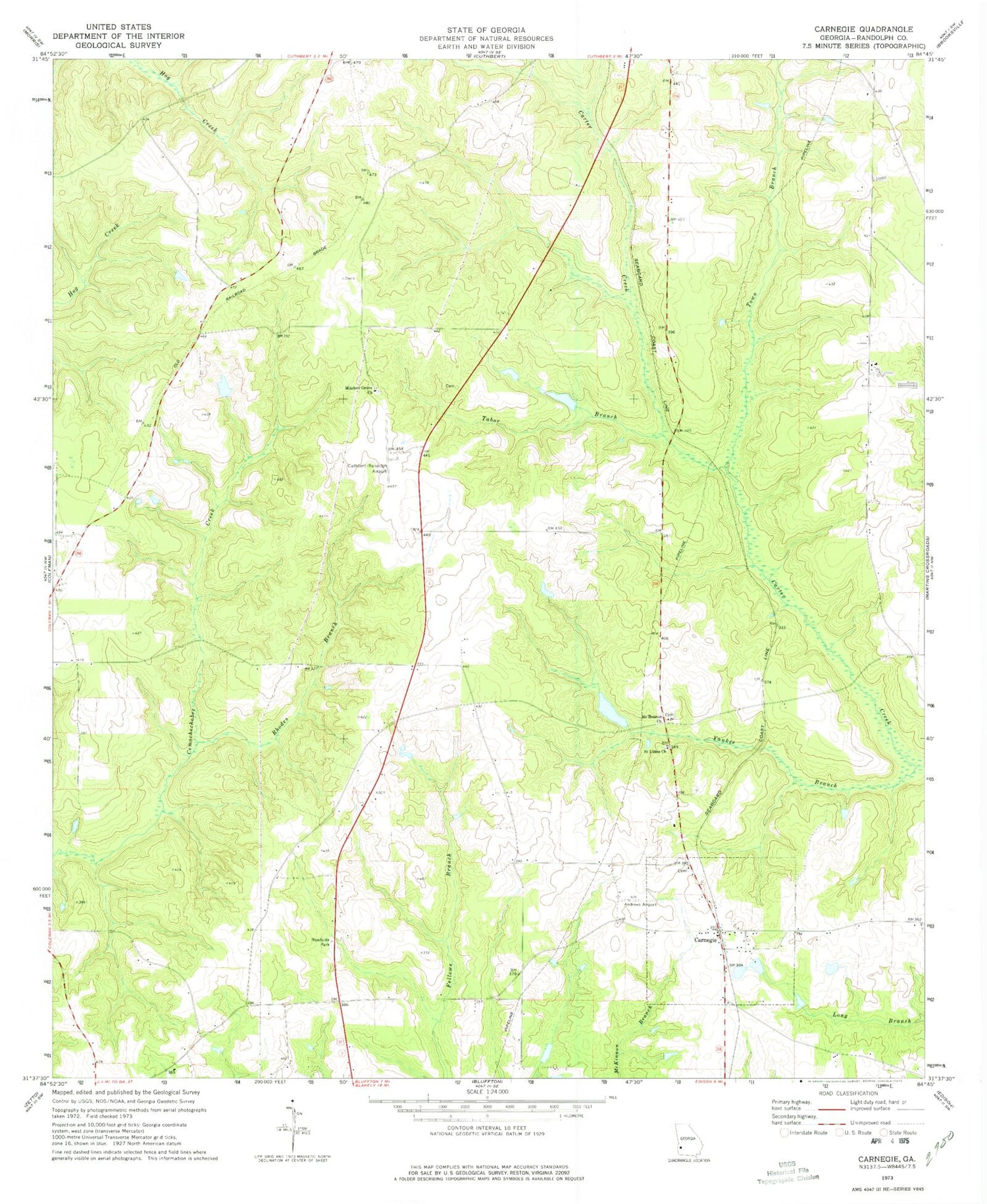 Classic USGS Carnegie Georgia 7.5'x7.5' Topo Map Image