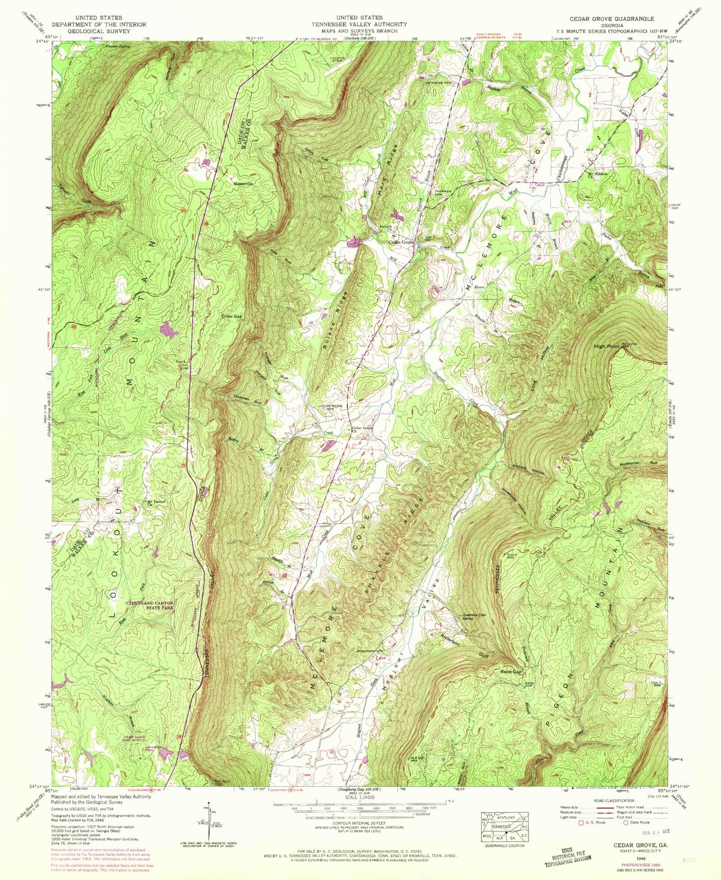 Classic USGS Cedar Grove Georgia 7.5'x7.5' Topo Map Image