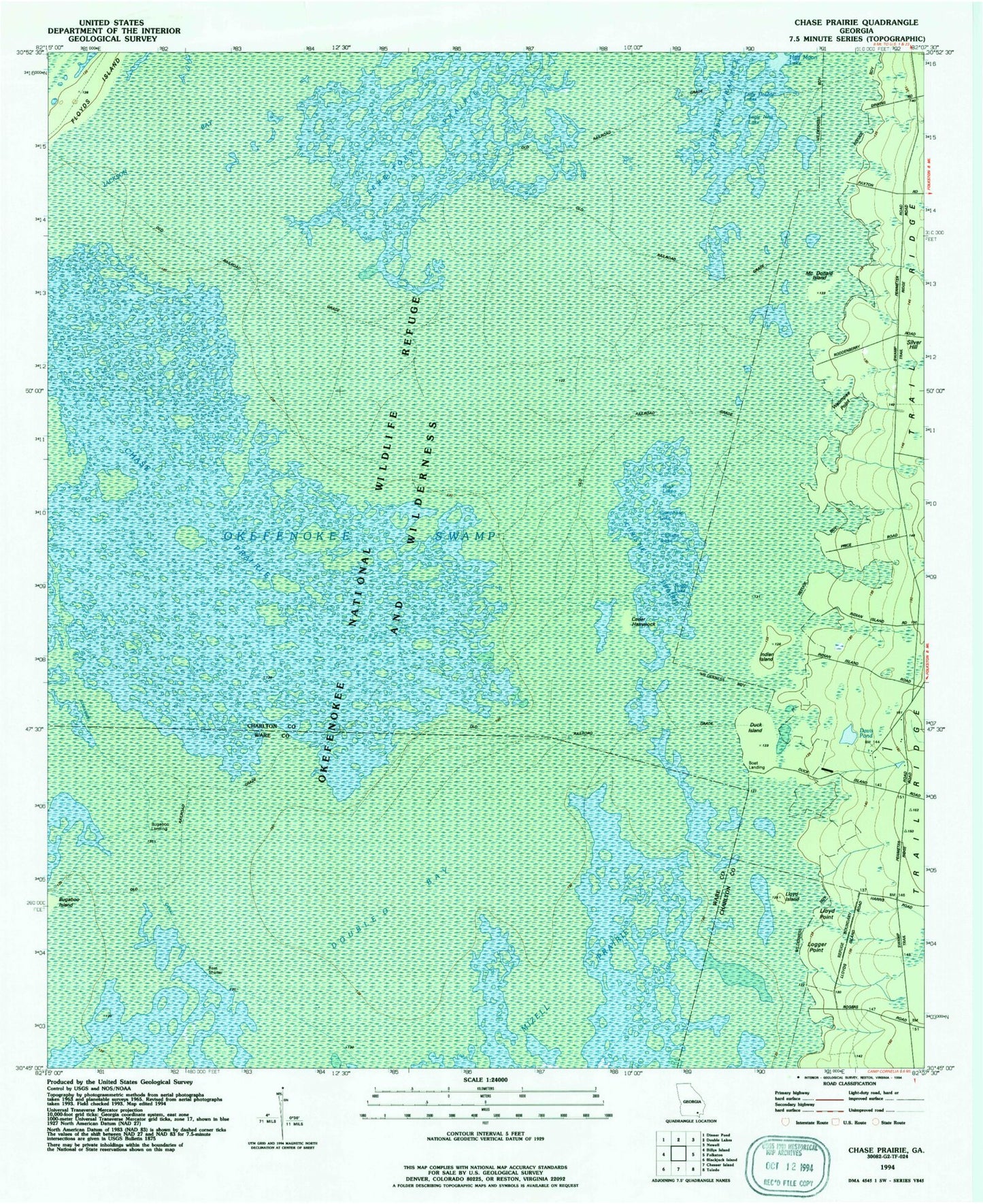 Classic USGS Chase Prairie Georgia 7.5'x7.5' Topo Map Image