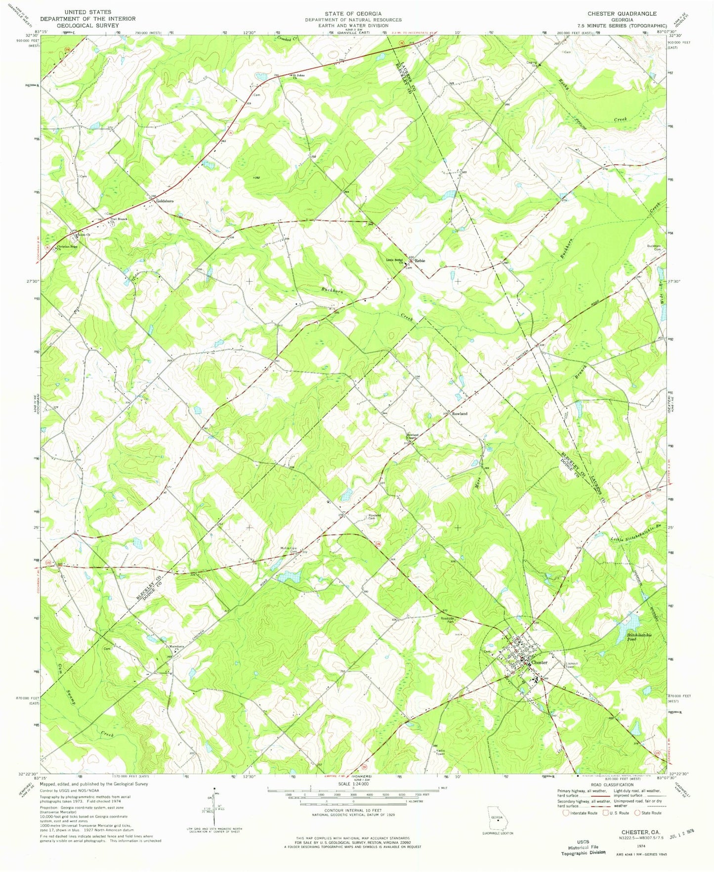 Classic USGS Chester Georgia 7.5'x7.5' Topo Map Image