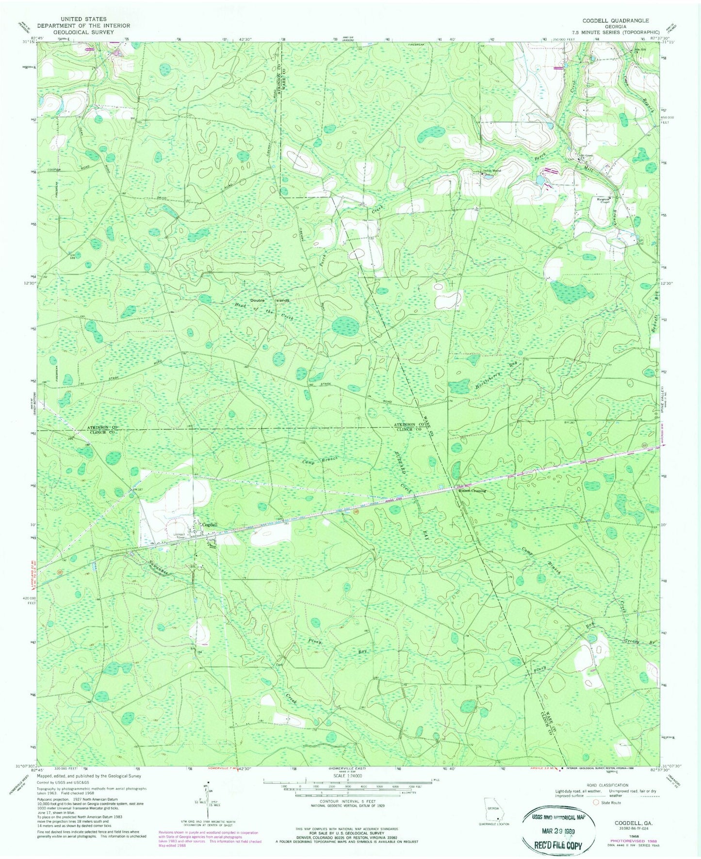 Classic USGS Cogdell Georgia 7.5'x7.5' Topo Map Image