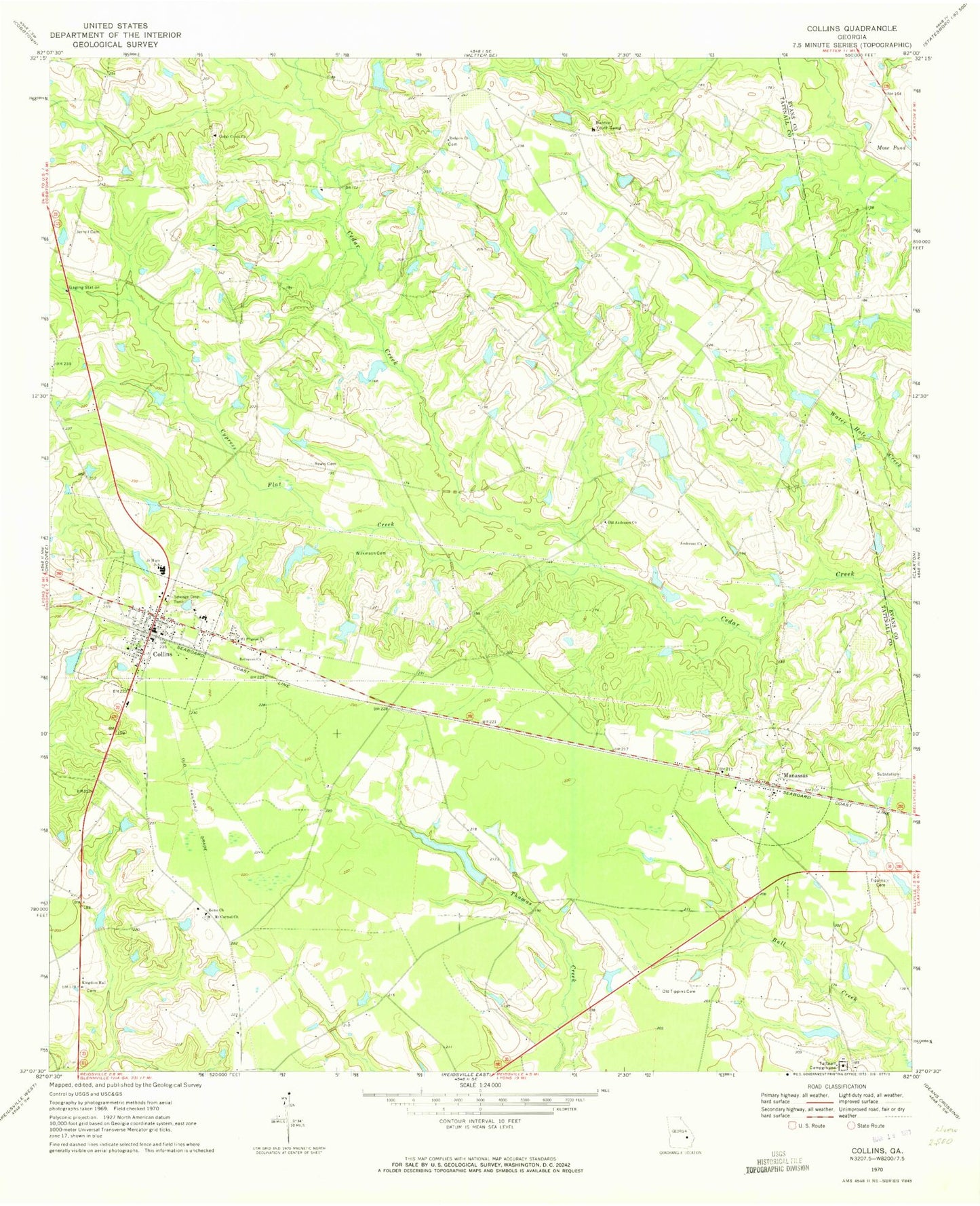Classic USGS Collins Georgia 7.5'x7.5' Topo Map Image