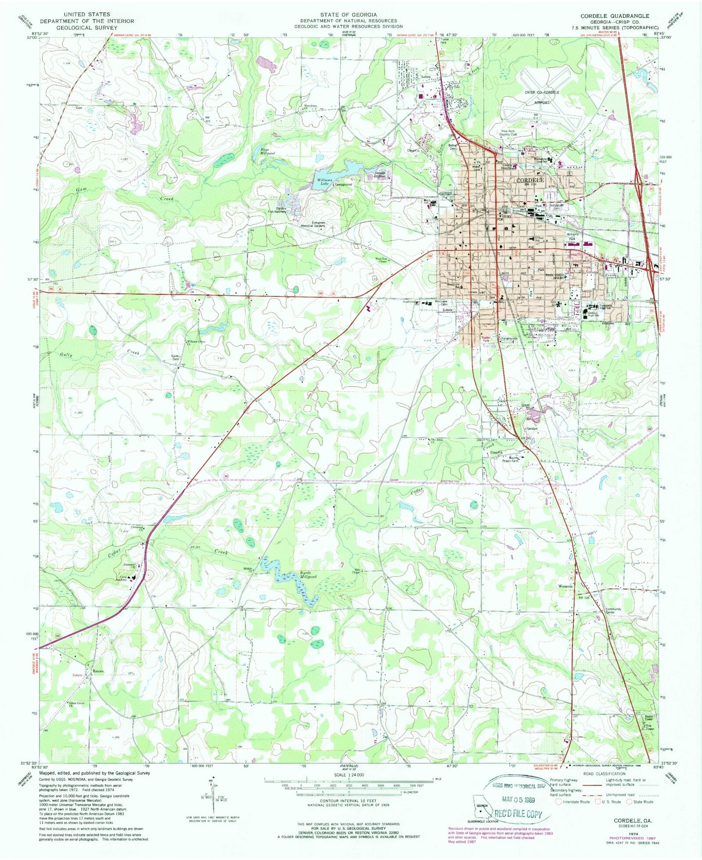 Classic USGS Cordele Georgia 7.5'x7.5' Topo Map Image