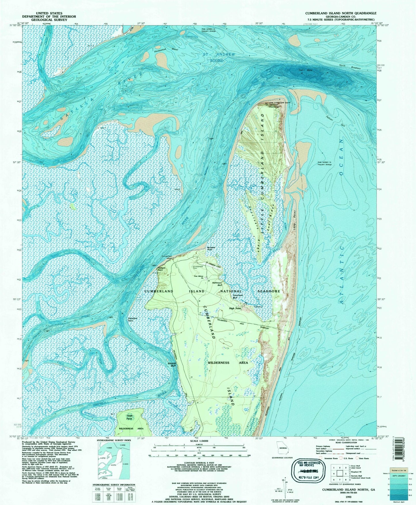 Classic USGS Cumberland Island North Georgia 7.5'x7.5' Topo Map Image