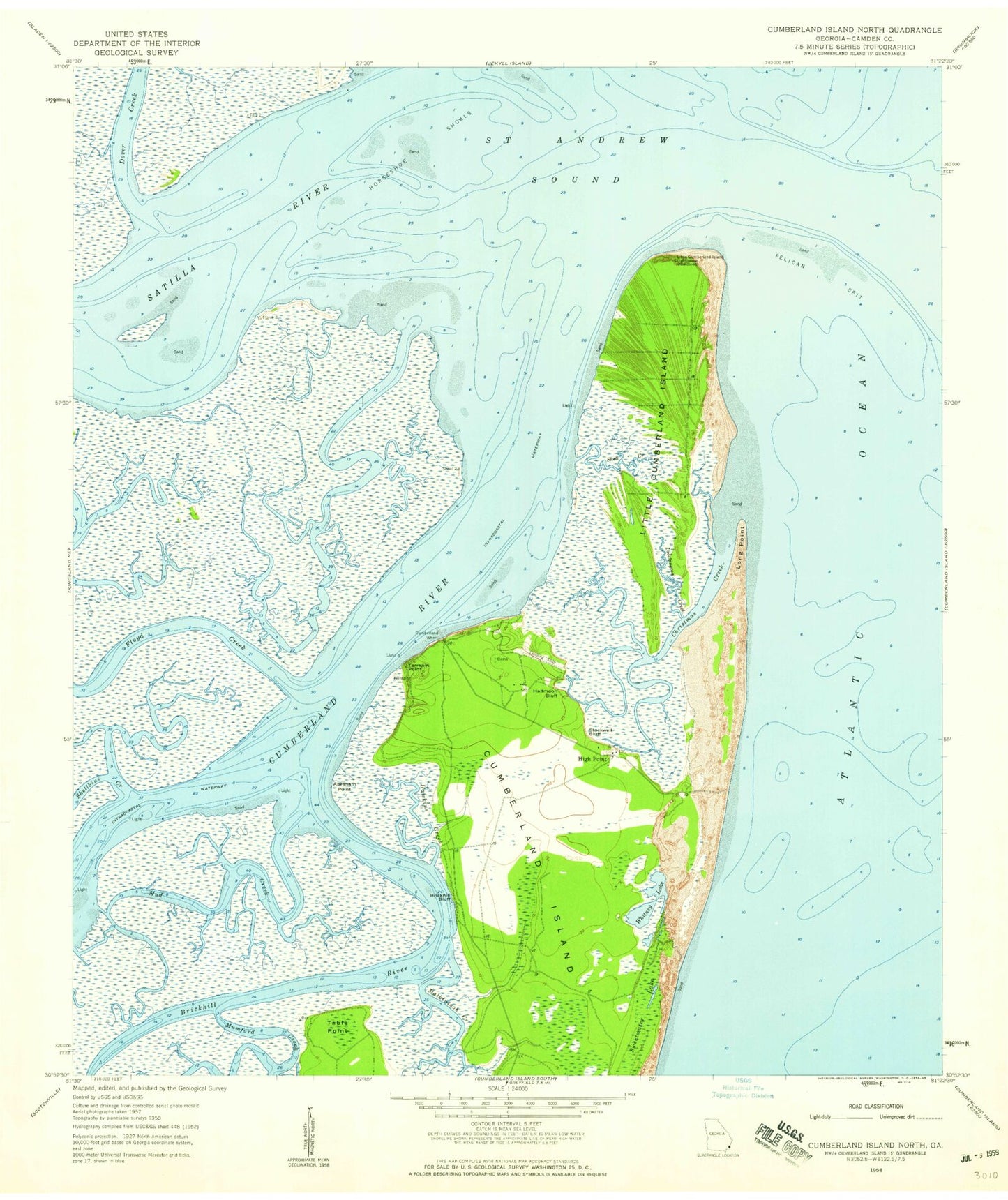 Classic USGS Cumberland Island North Georgia 7.5'x7.5' Topo Map Image