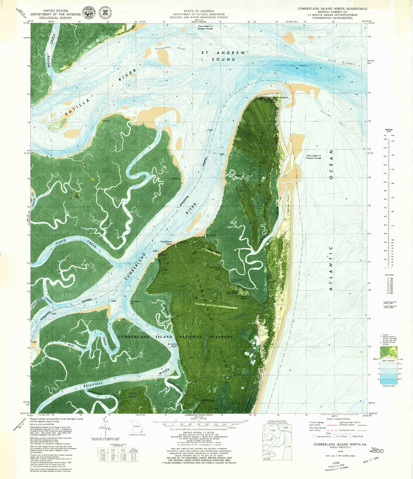 Classic USGS Cumberland Island North Georgia 7.5'x7.5' Topo Map Image