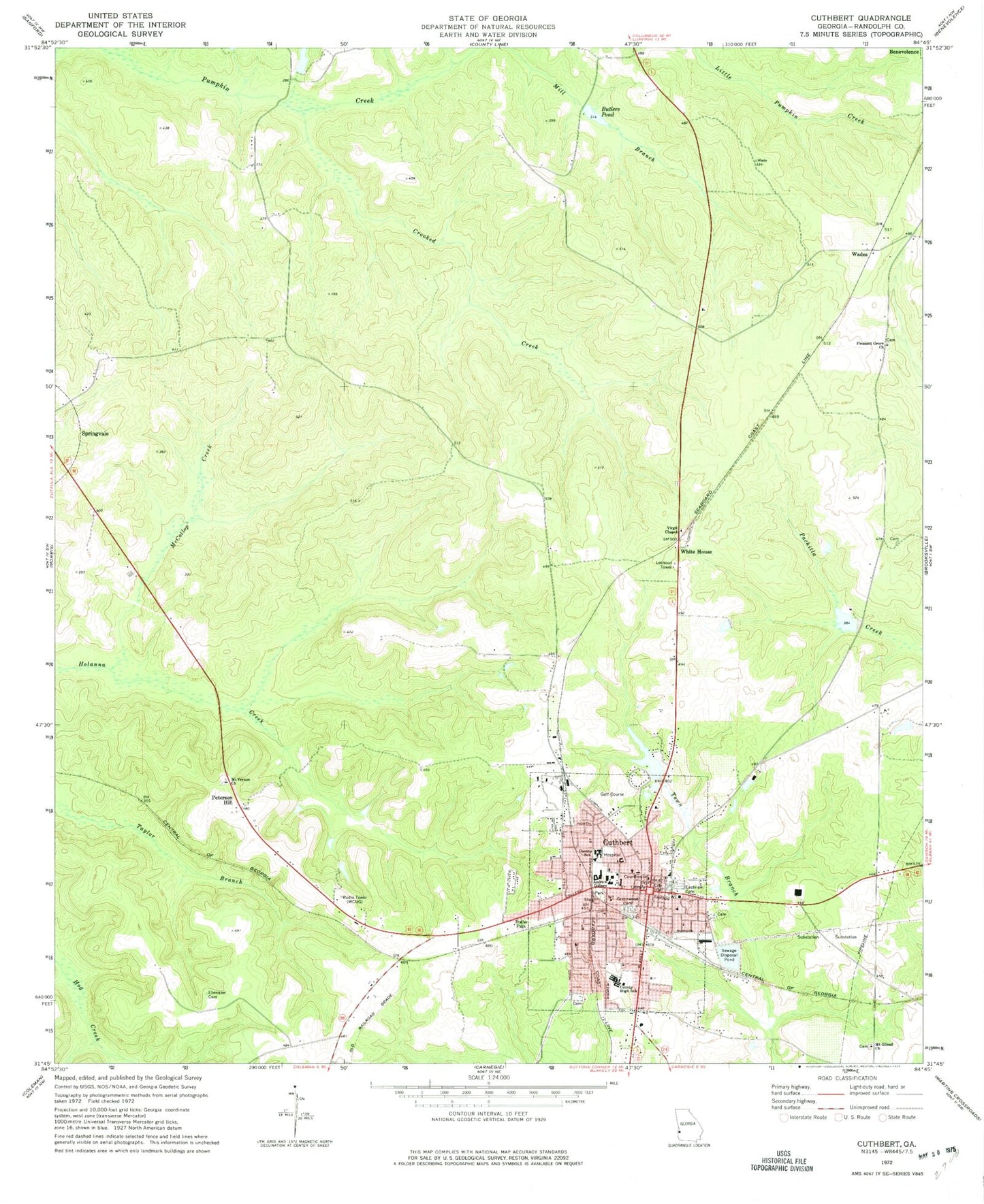 Classic USGS Cuthbert Georgia 7.5'x7.5' Topo Map Image