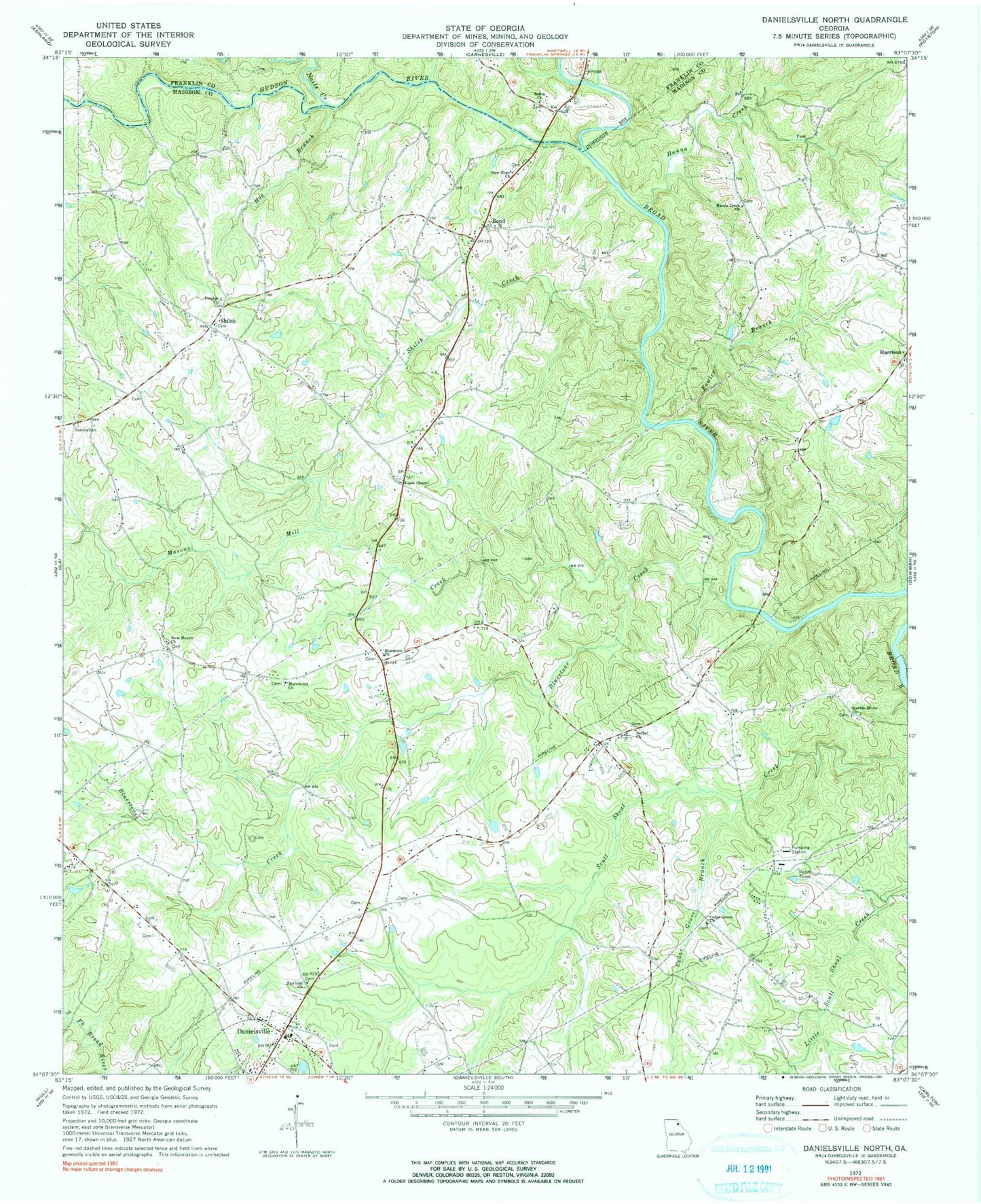 Classic USGS Danielsville North Georgia 7.5'x7.5' Topo Map Image
