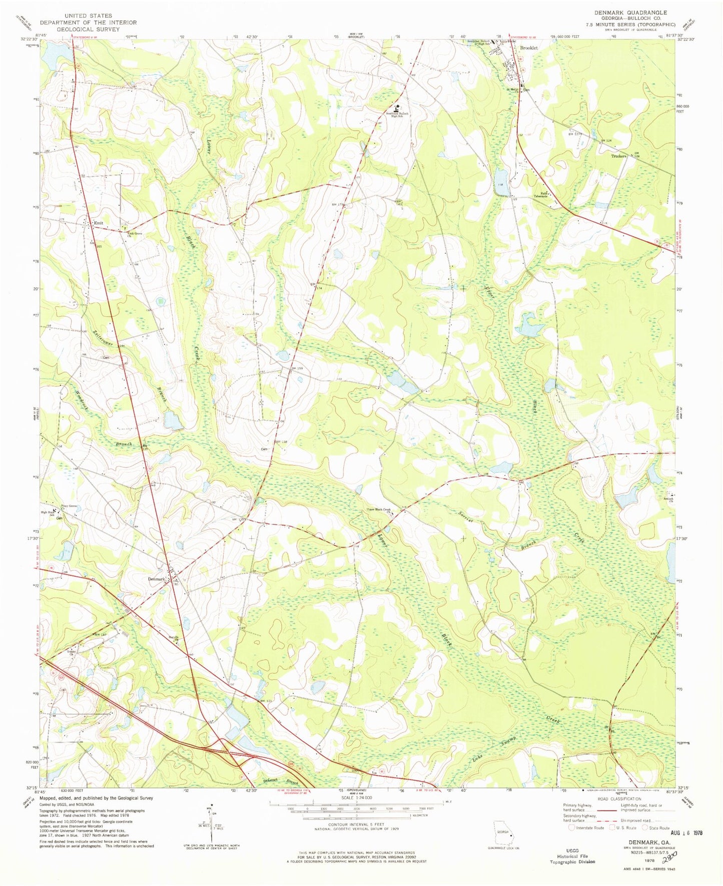 Classic USGS Denmark Georgia 7.5'x7.5' Topo Map Image
