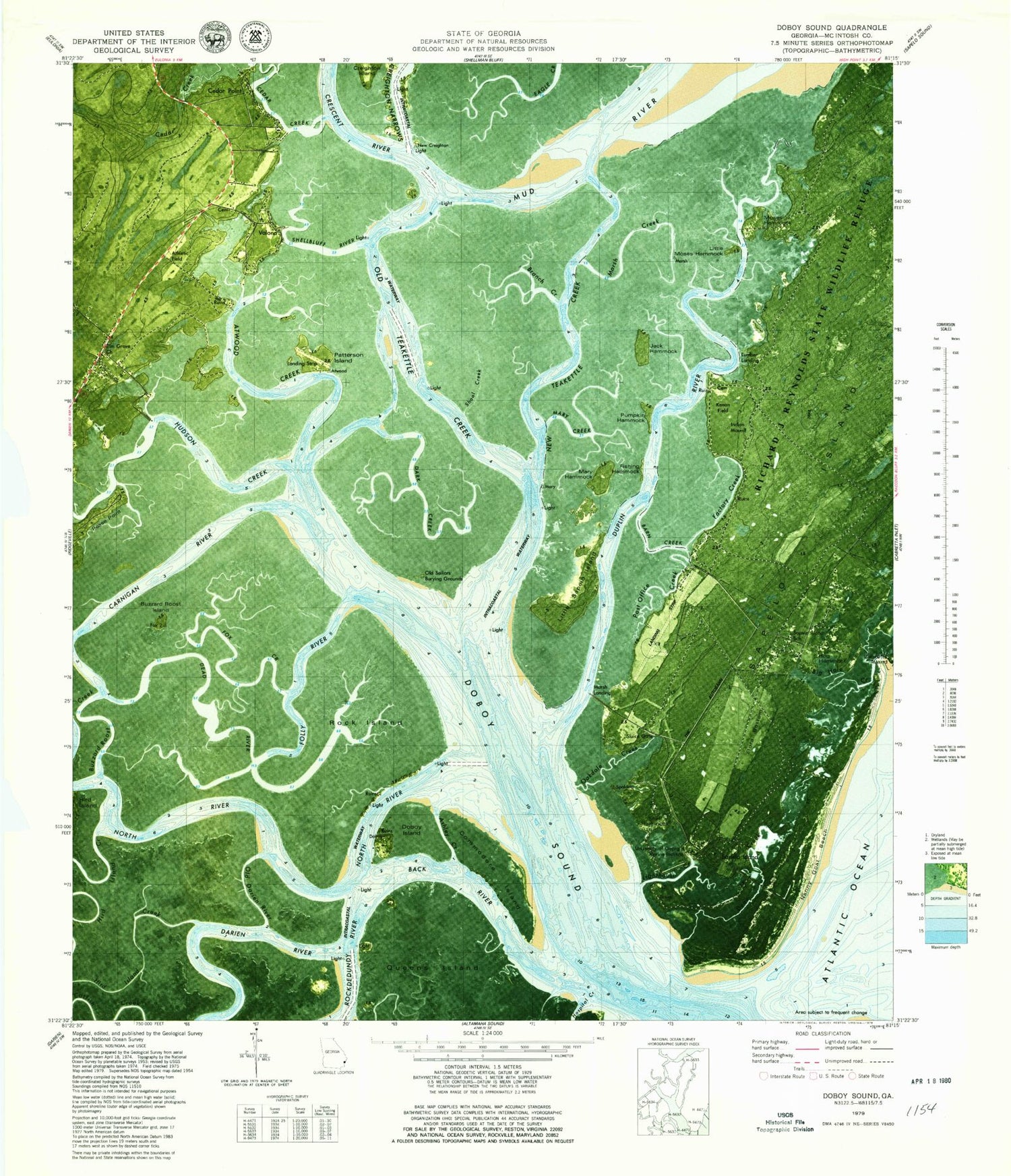 Classic USGS Doboy Sound Georgia 7.5'x7.5' Topo Map Image