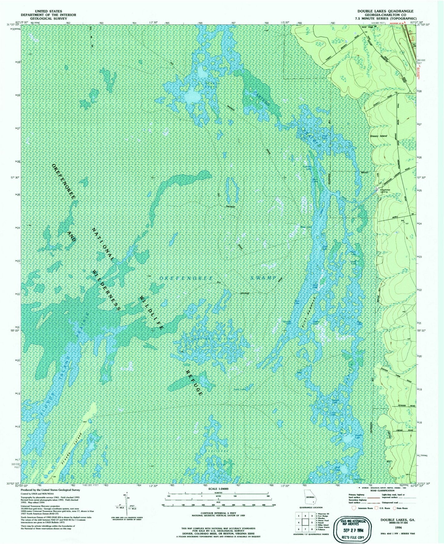 Classic USGS Double Lakes Georgia 7.5'x7.5' Topo Map Image