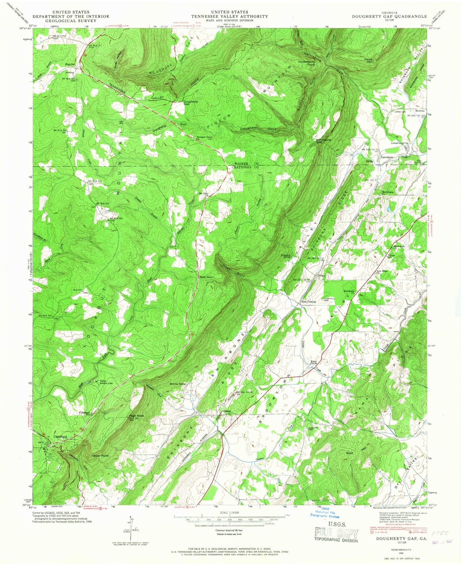 Classic USGS Dougherty Gap Georgia 7.5'x7.5' Topo Map Image