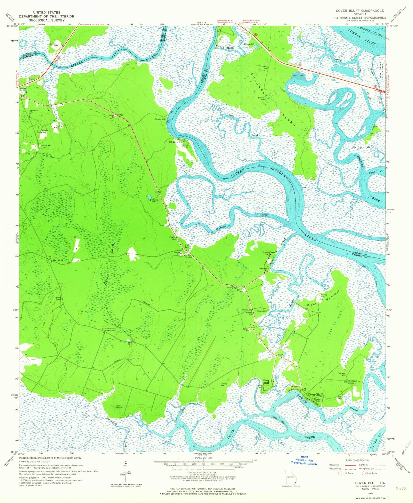 Classic USGS Dover Bluff Georgia 7.5'x7.5' Topo Map Image
