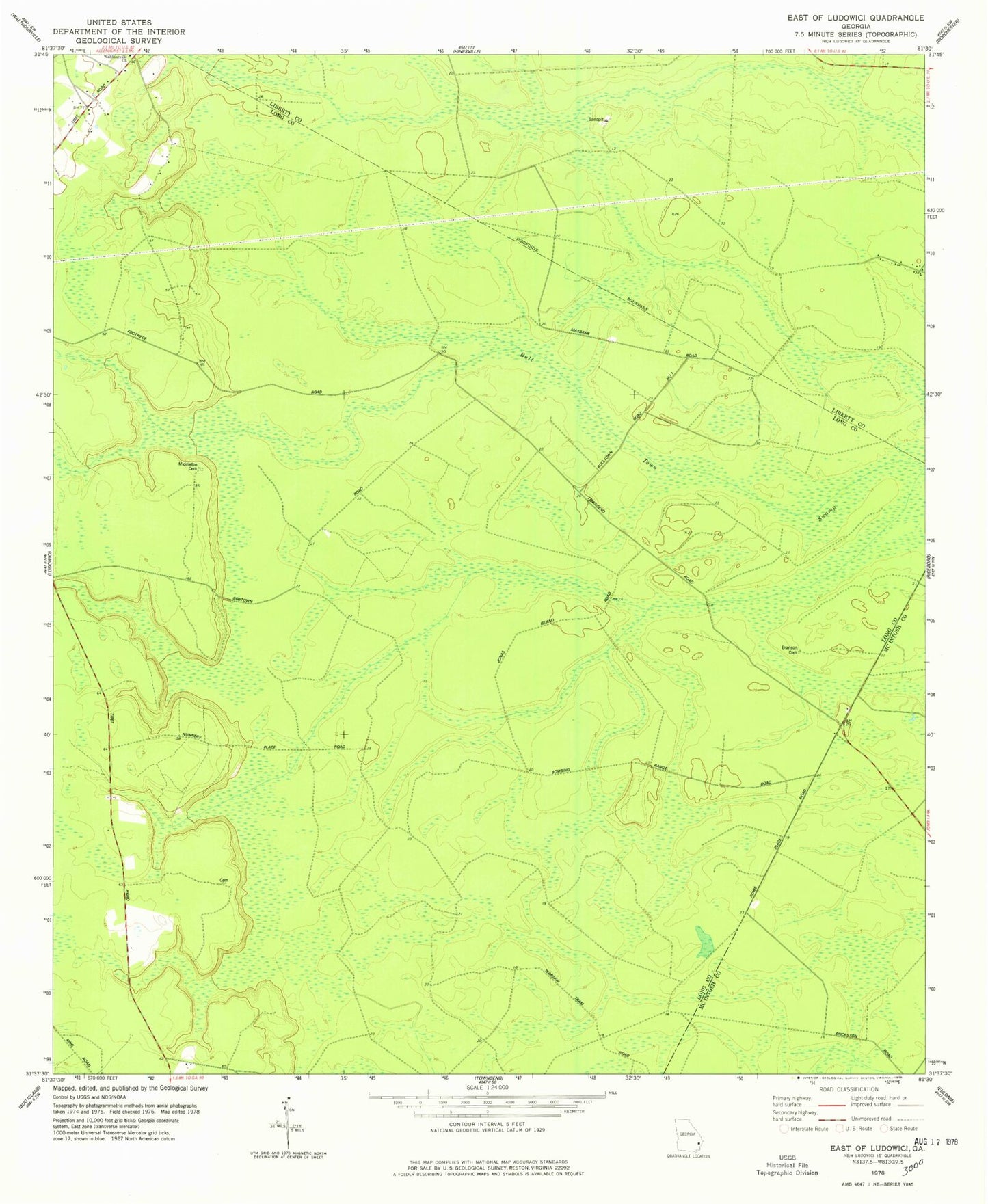 Classic USGS East of Ludowici Georgia 7.5'x7.5' Topo Map Image