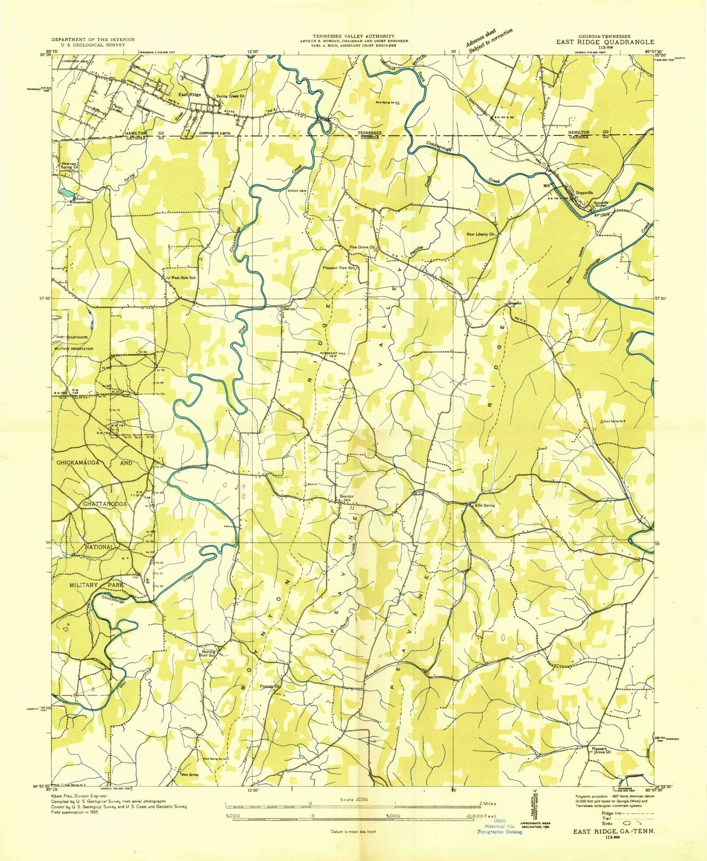 Classic USGS East Ridge Tennessee 7.5'x7.5' Topo Map Image