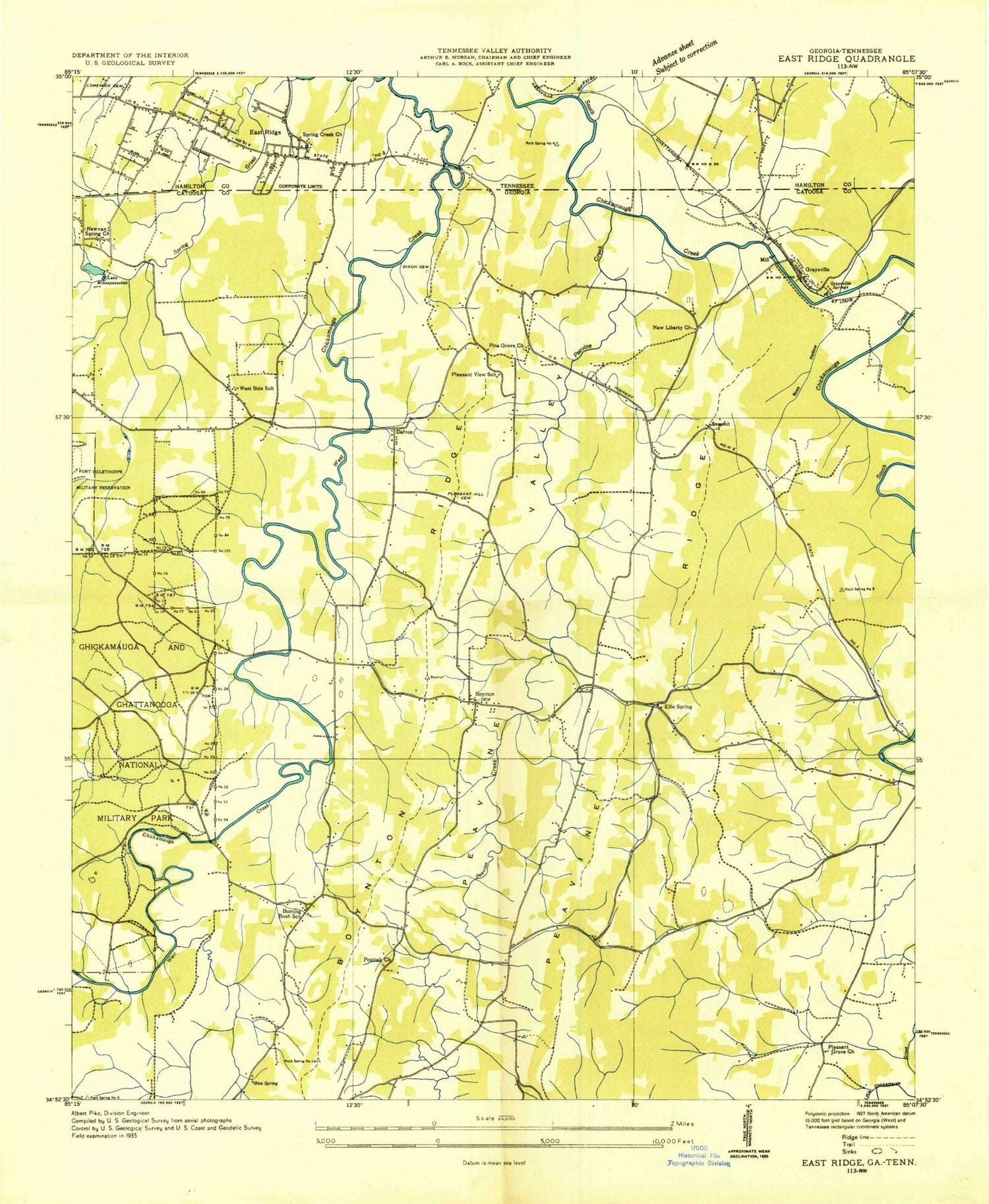 Classic USGS East Ridge Tennessee 7.5'x7.5' Topo Map Image