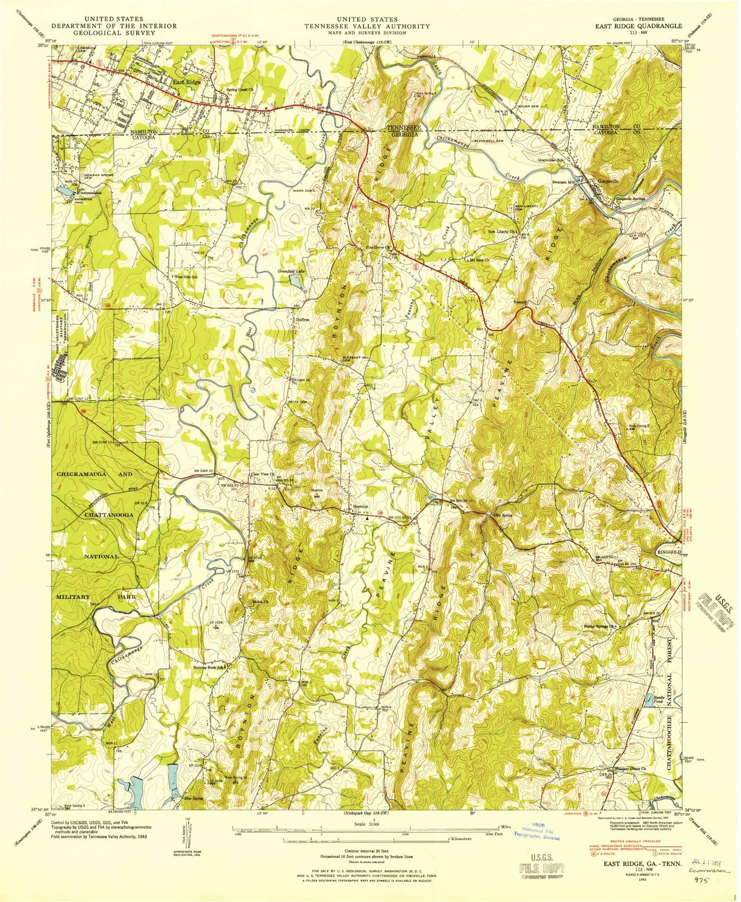 Classic USGS East Ridge Tennessee 7.5'x7.5' Topo Map Image