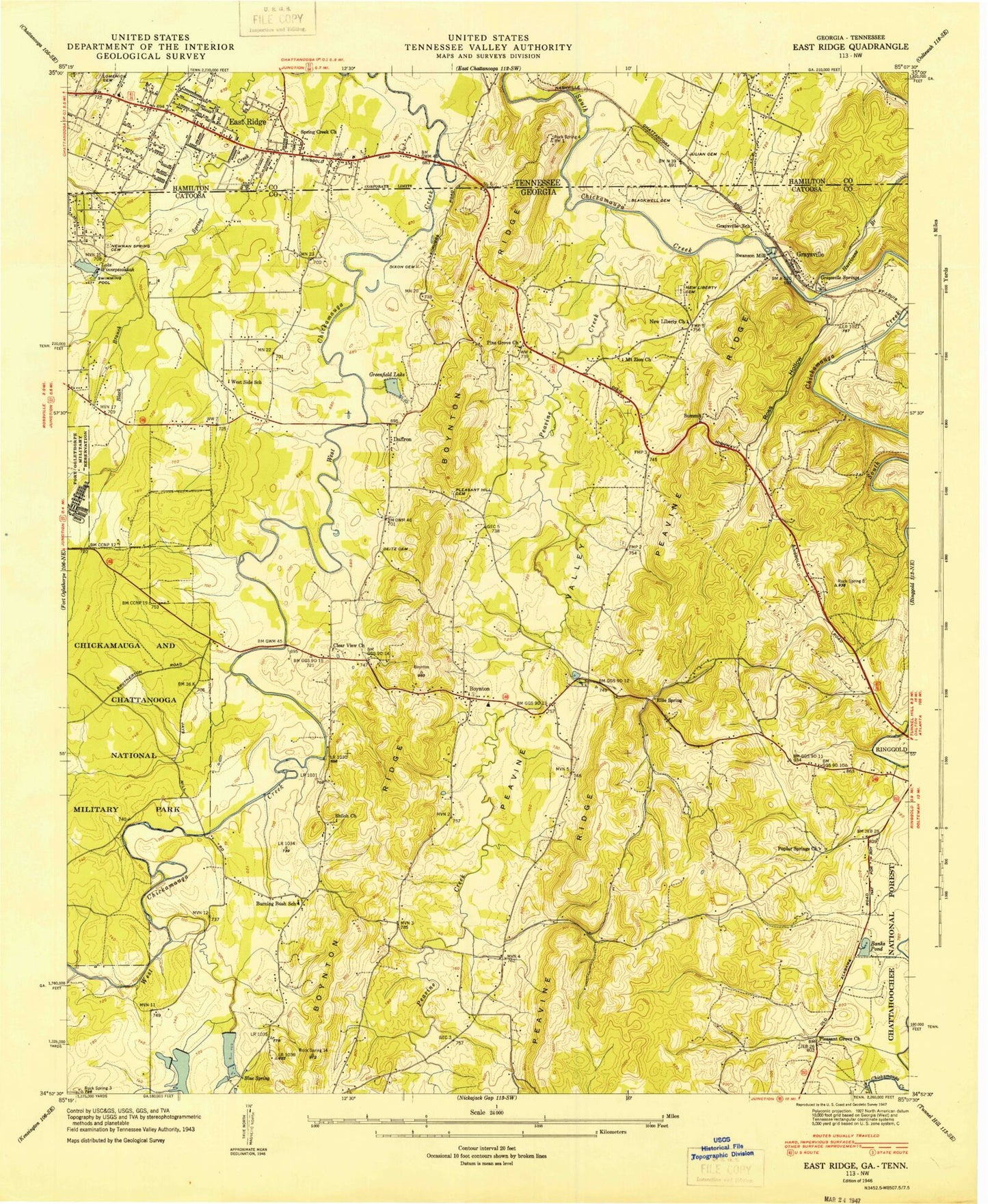 Classic USGS East Ridge Tennessee 7.5'x7.5' Topo Map Image