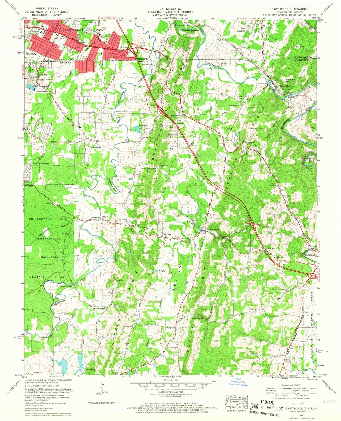 Classic USGS East Ridge Tennessee 7.5'x7.5' Topo Map Image
