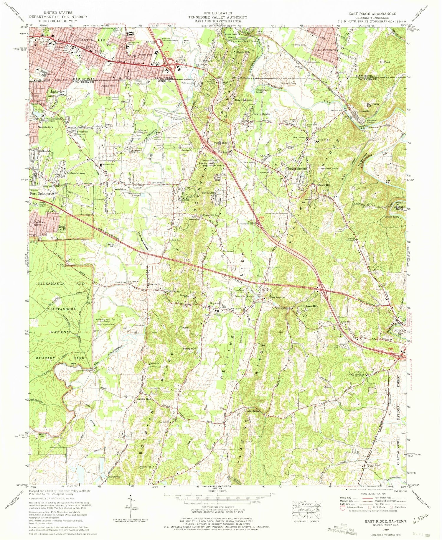 Classic USGS East Ridge Tennessee 7.5'x7.5' Topo Map Image