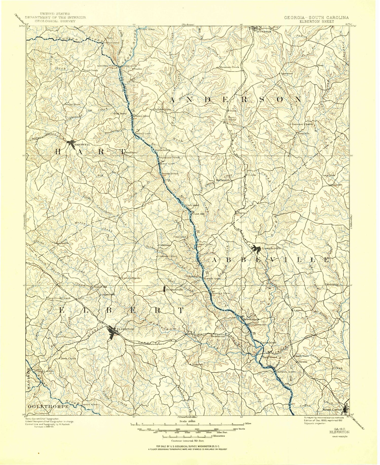 Historic 1893 Elberton Georgia 30'x30' Topo Map Image
