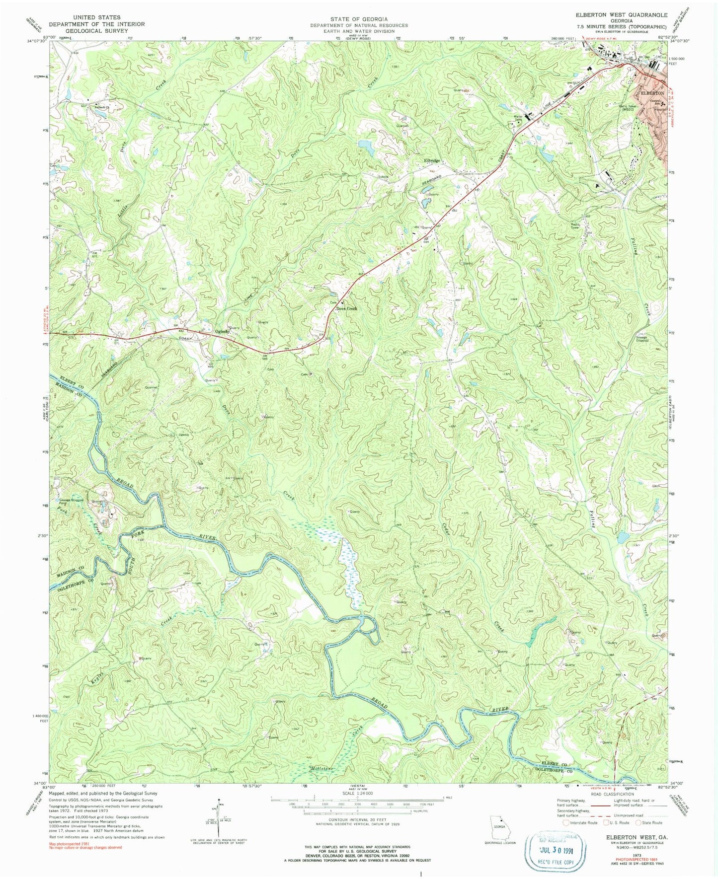 Classic USGS Elberton West Georgia 7.5'x7.5' Topo Map Image