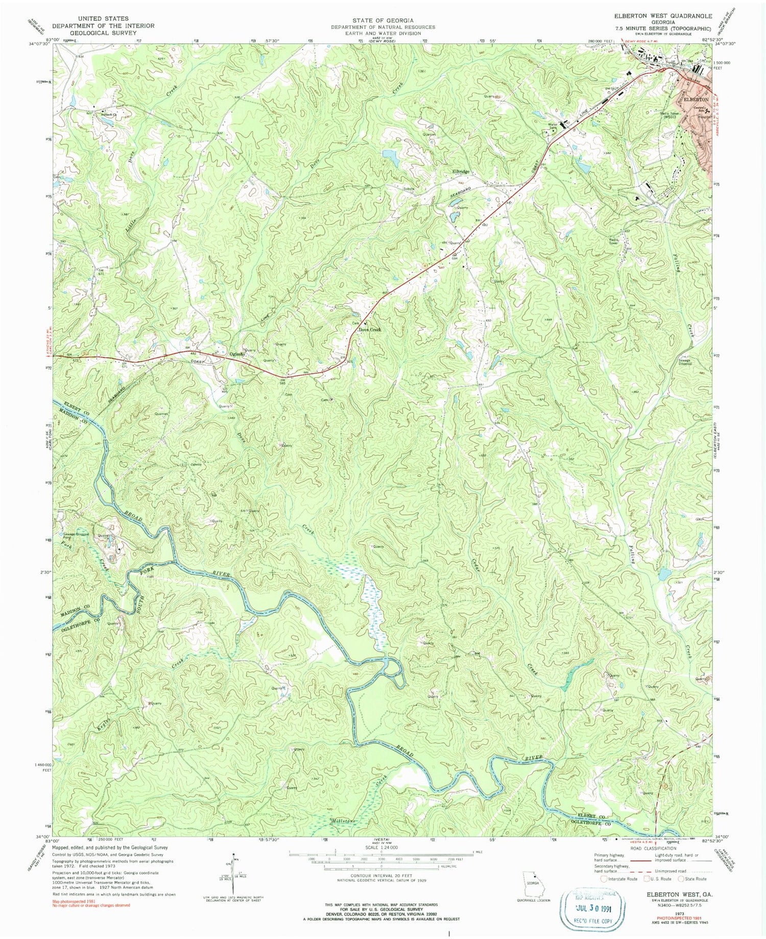 Classic USGS Elberton West Georgia 7.5'x7.5' Topo Map Image