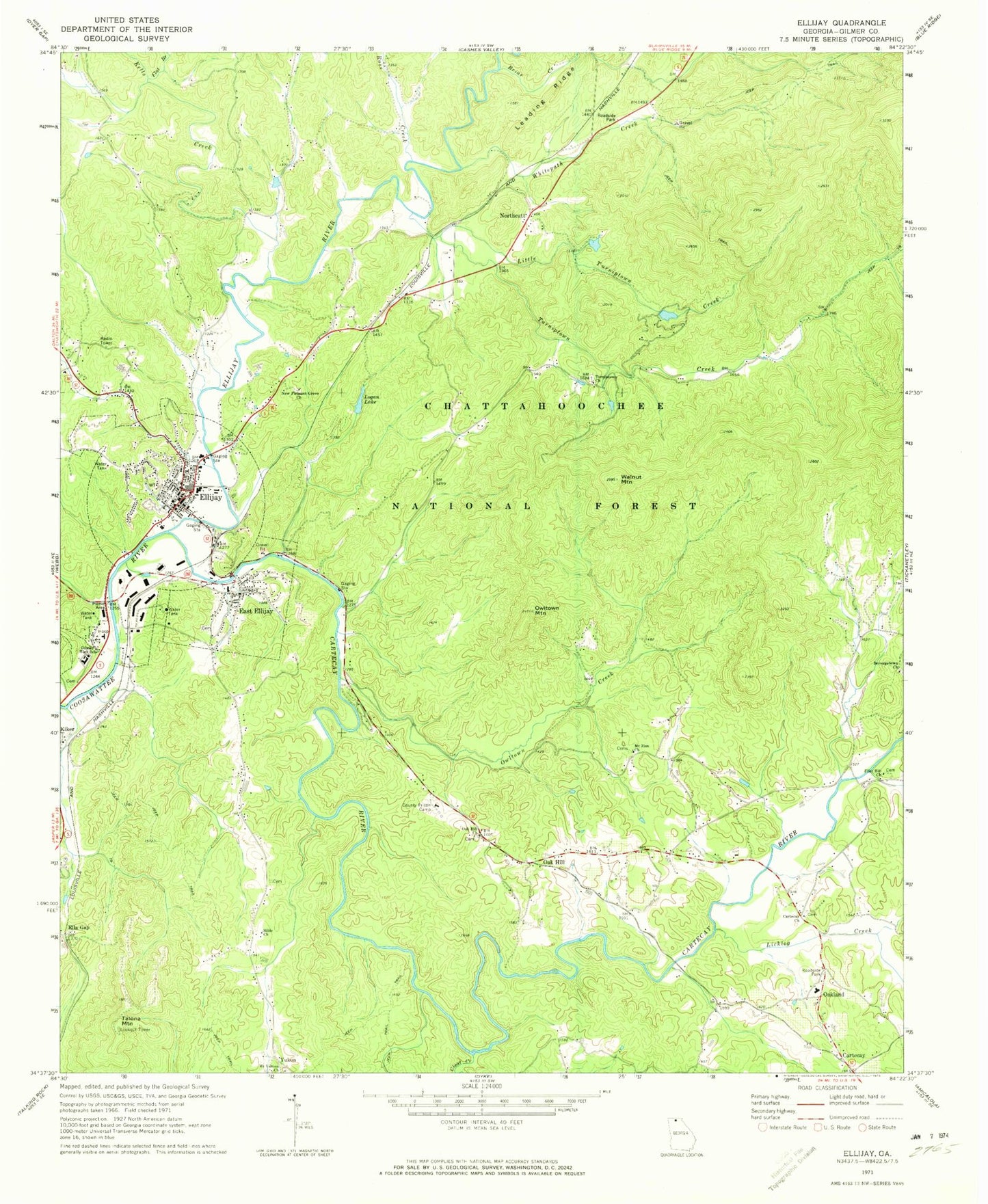 Classic USGS Ellijay Georgia 7.5'x7.5' Topo Map Image