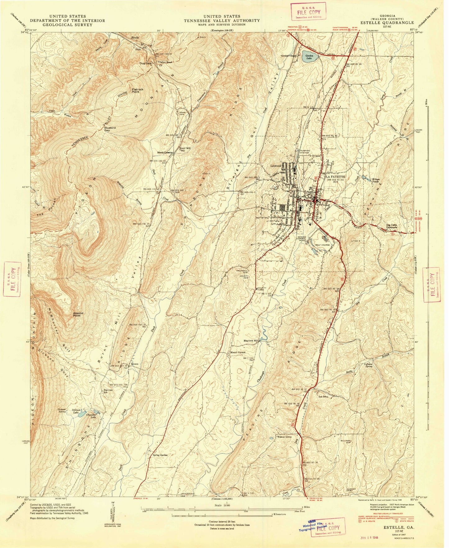 Classic USGS LaFayette Georgia 7.5'x7.5' Topo Map Image