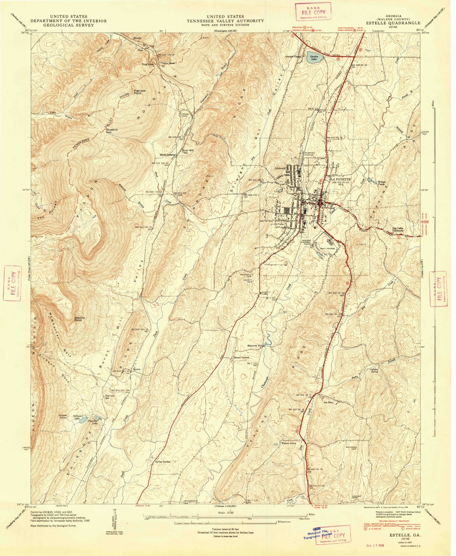 Classic USGS LaFayette Georgia 7.5'x7.5' Topo Map Image