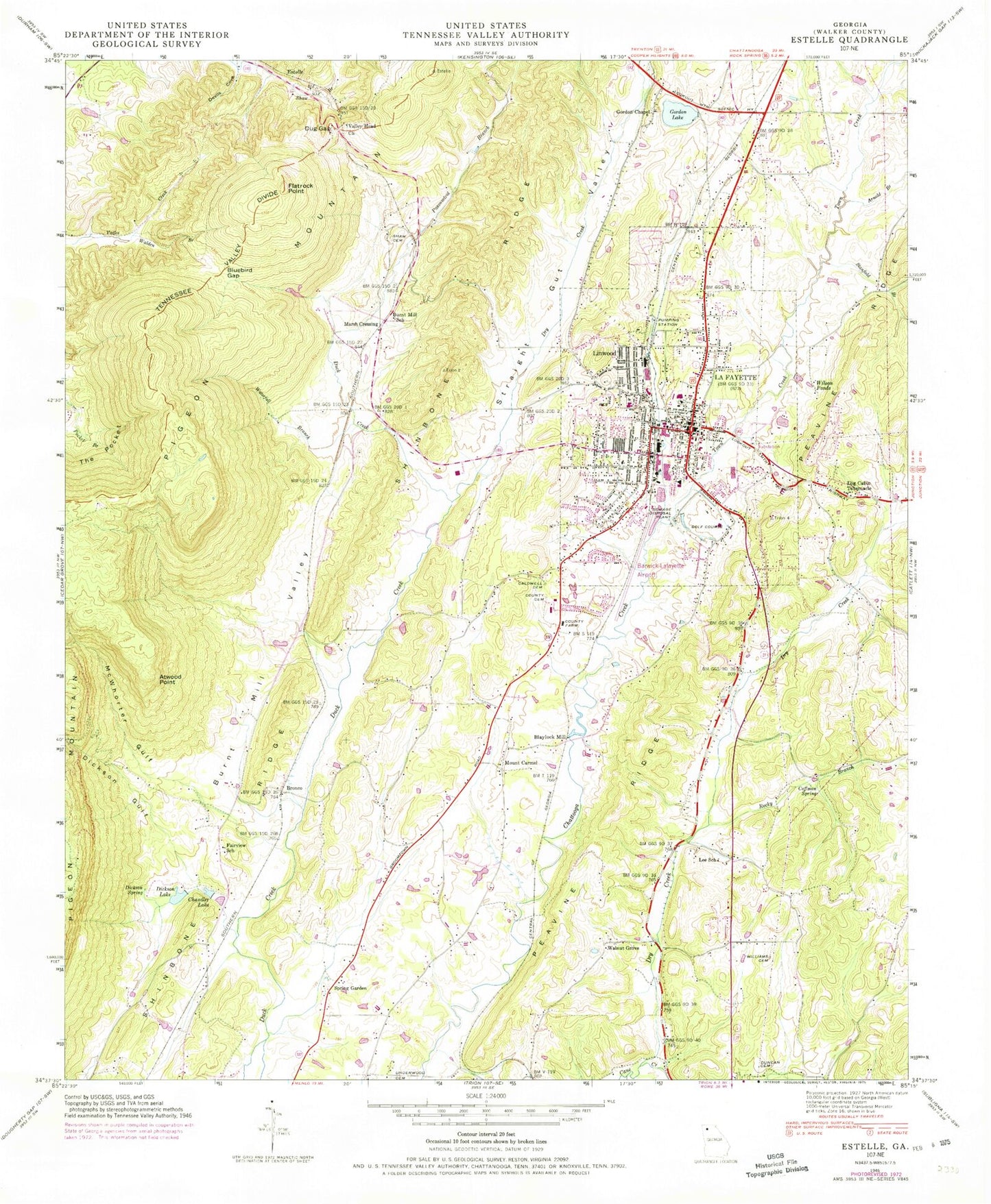 Classic USGS LaFayette Georgia 7.5'x7.5' Topo Map Image