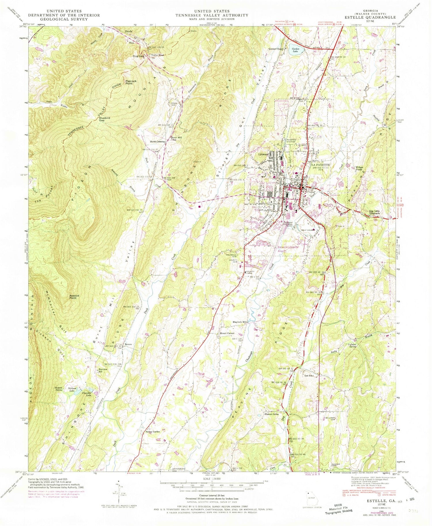 Classic USGS LaFayette Georgia 7.5'x7.5' Topo Map Image