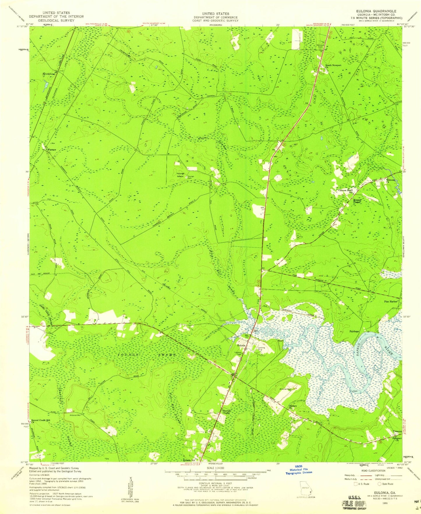 Classic USGS Eulonia Georgia 7.5'x7.5' Topo Map Image