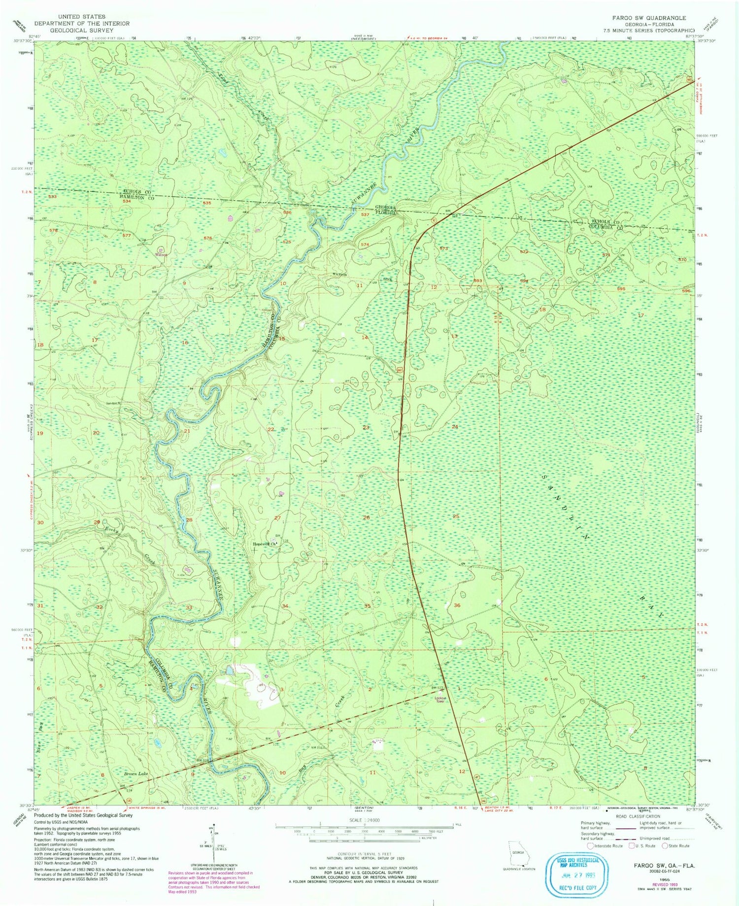 Classic USGS Fargo SW Florida 7.5'x7.5' Topo Map Image
