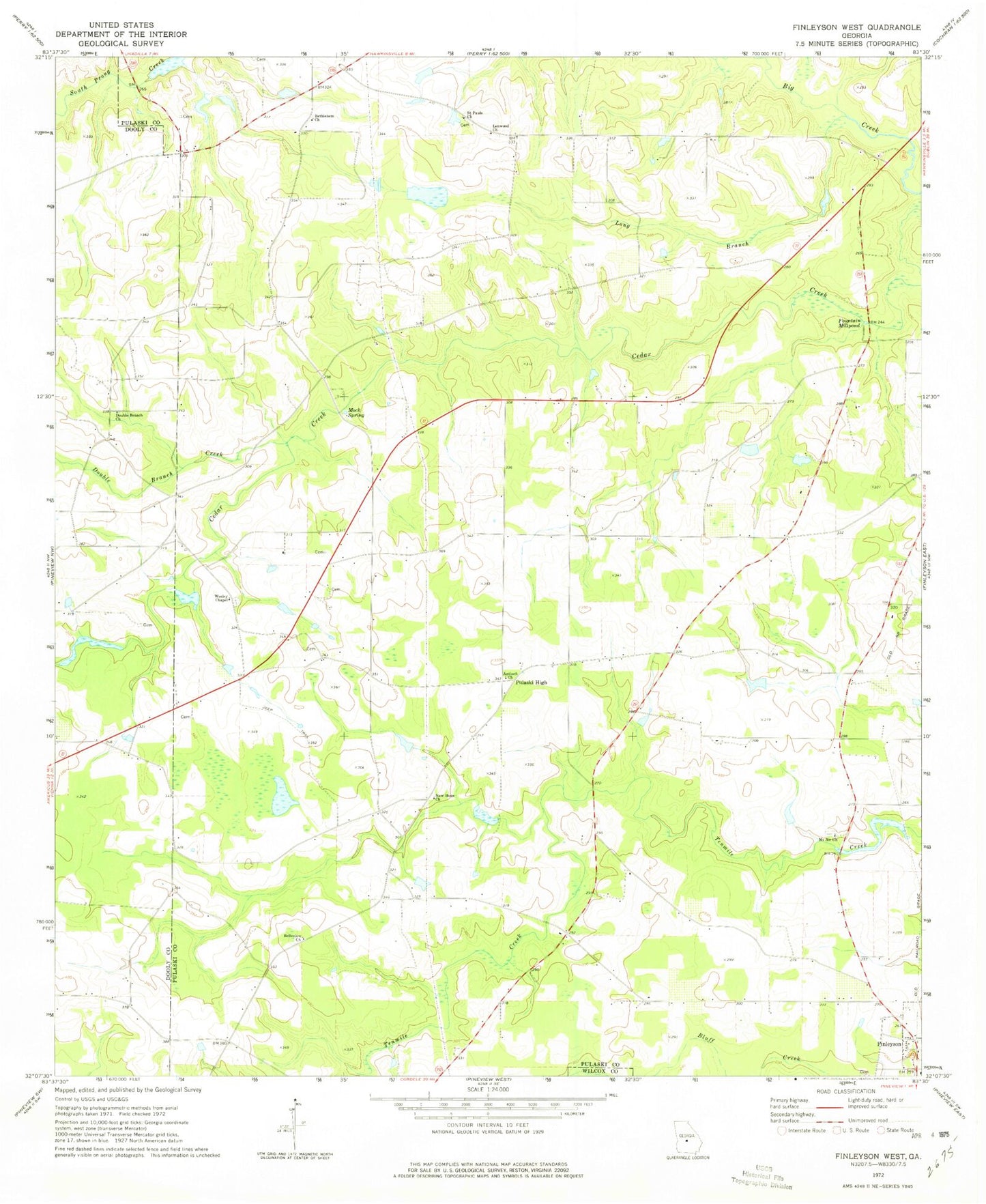 Classic USGS Finleyson West Georgia 7.5'x7.5' Topo Map Image